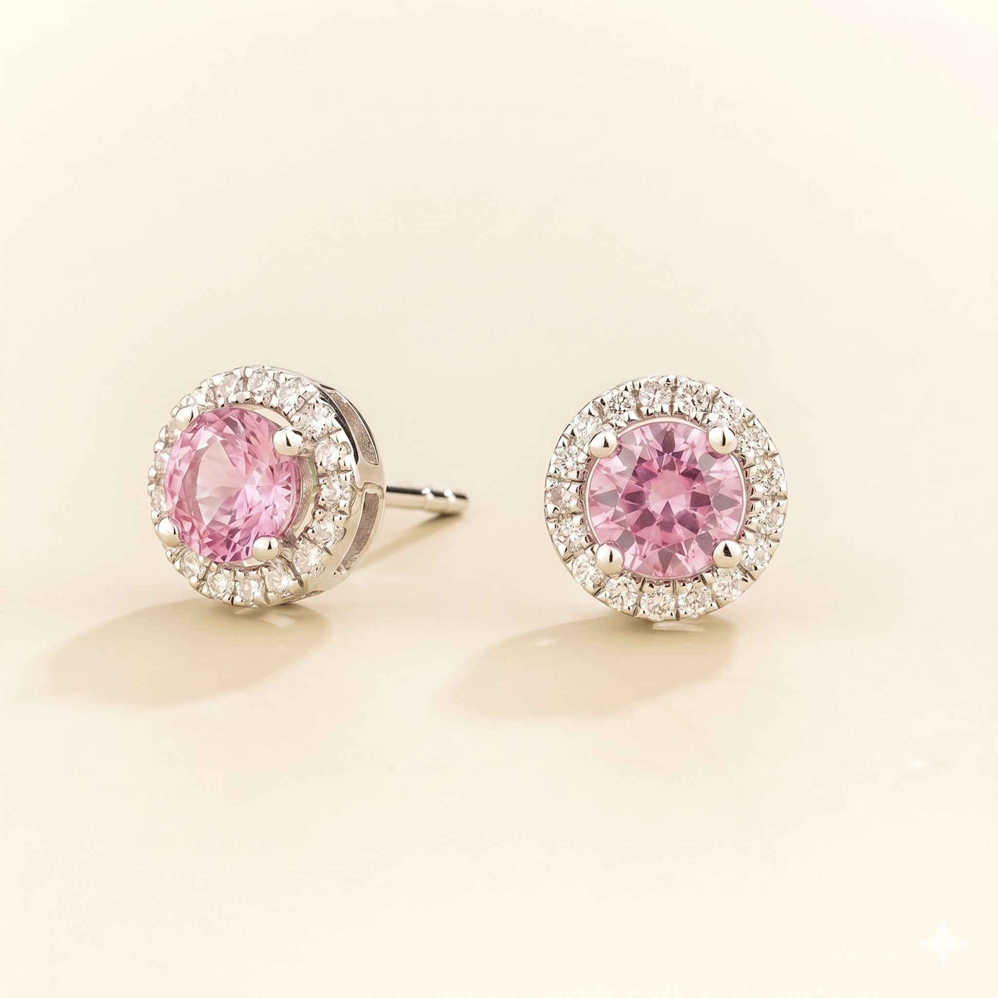 Mars Pink Sapphire Round & Diamond Halo Earrings In White Gold