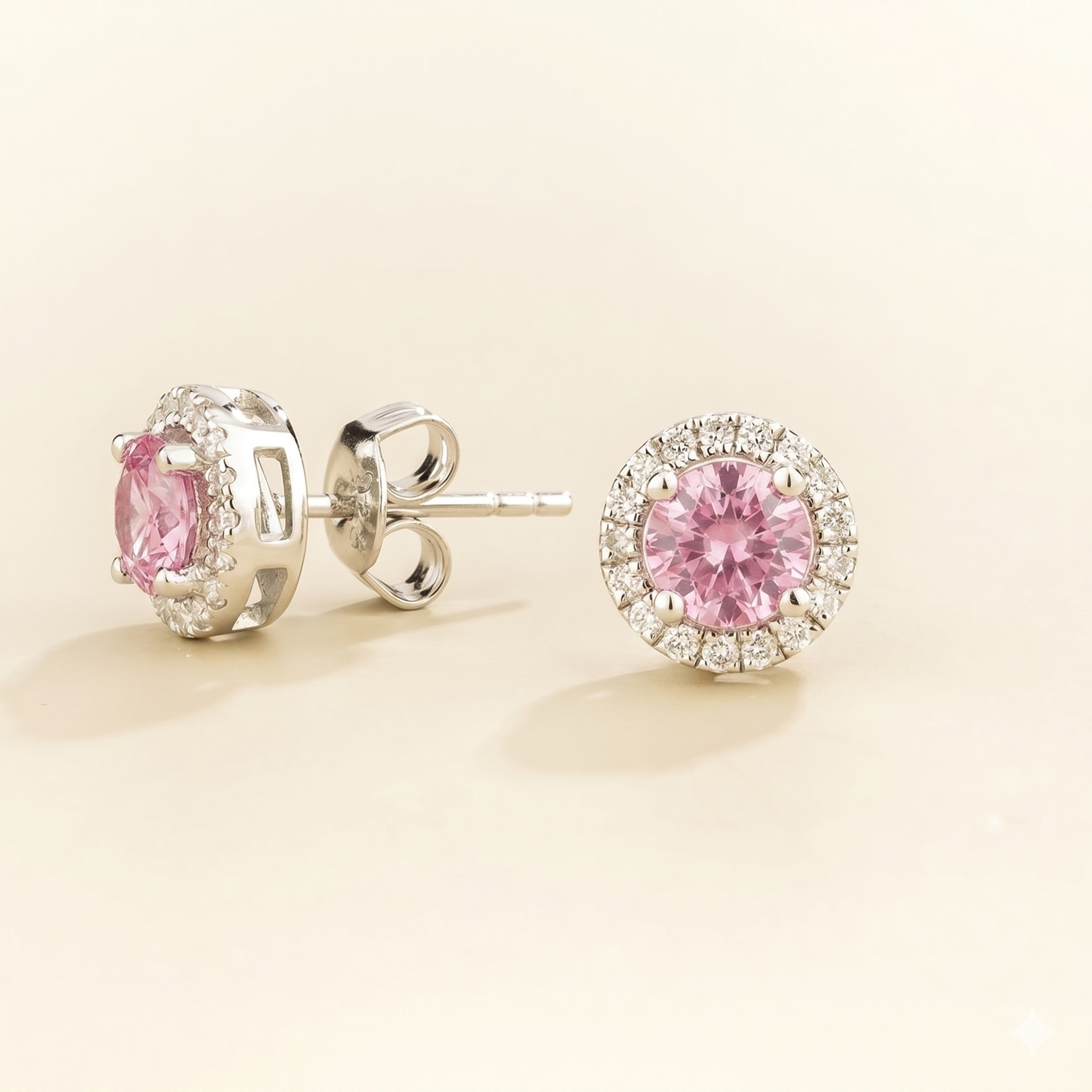 Mars Pink Sapphire Round & Diamond Halo Earrings In White Gold