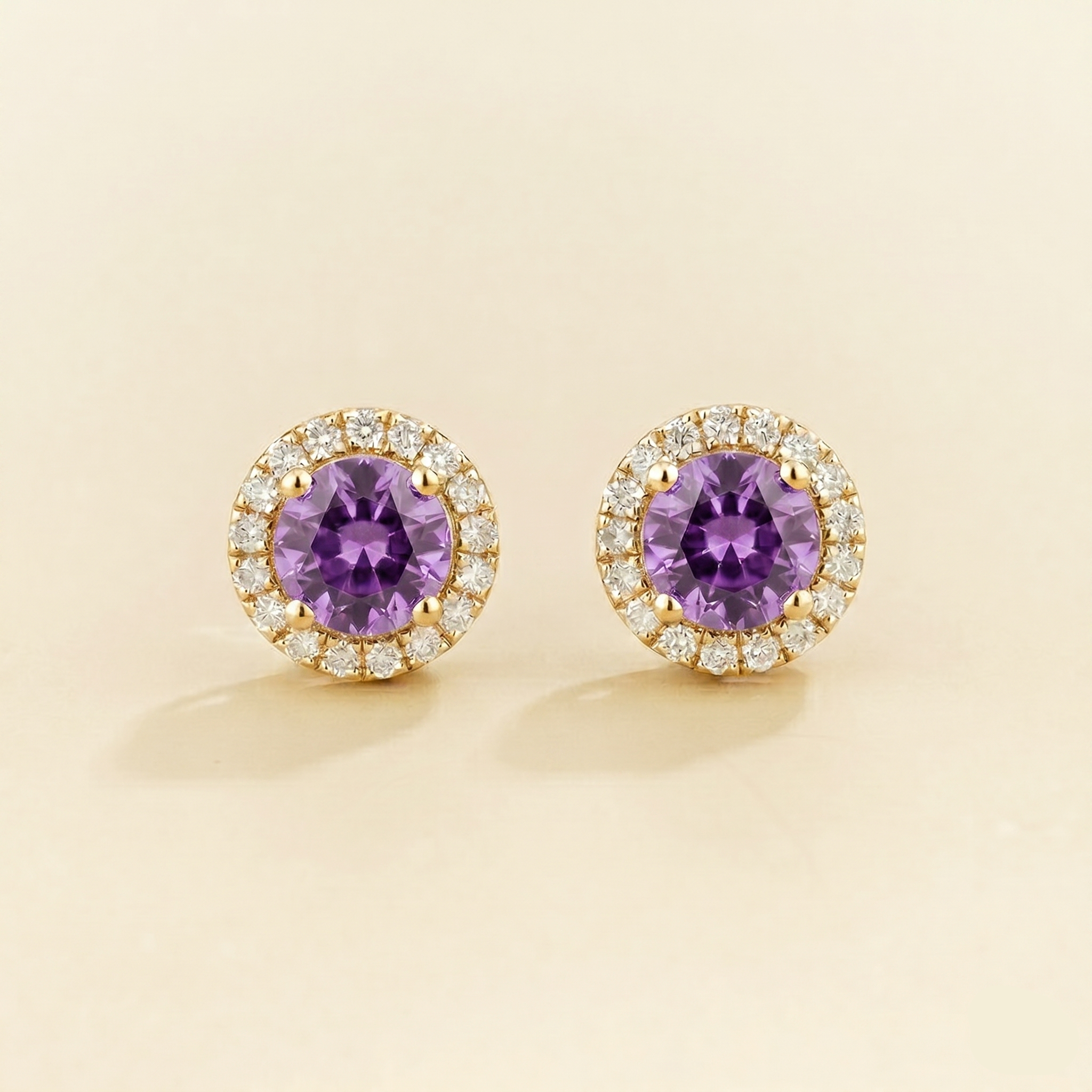 Mars Purple Sapphire Round & Diamond Halo Earrings In Gold