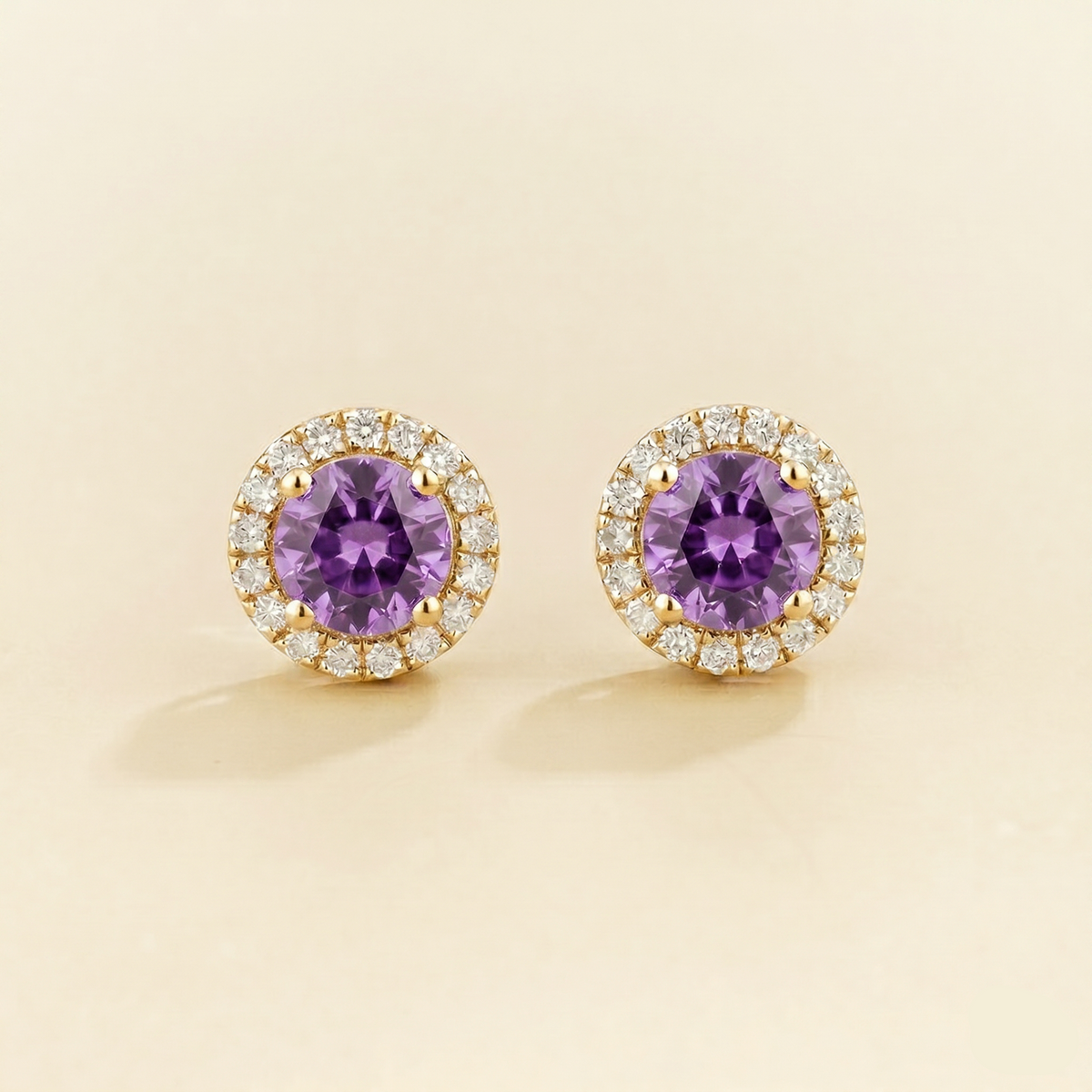 Round lab-grown purple sapphire and diamond halo Mars earrings in gold | Juvetti London