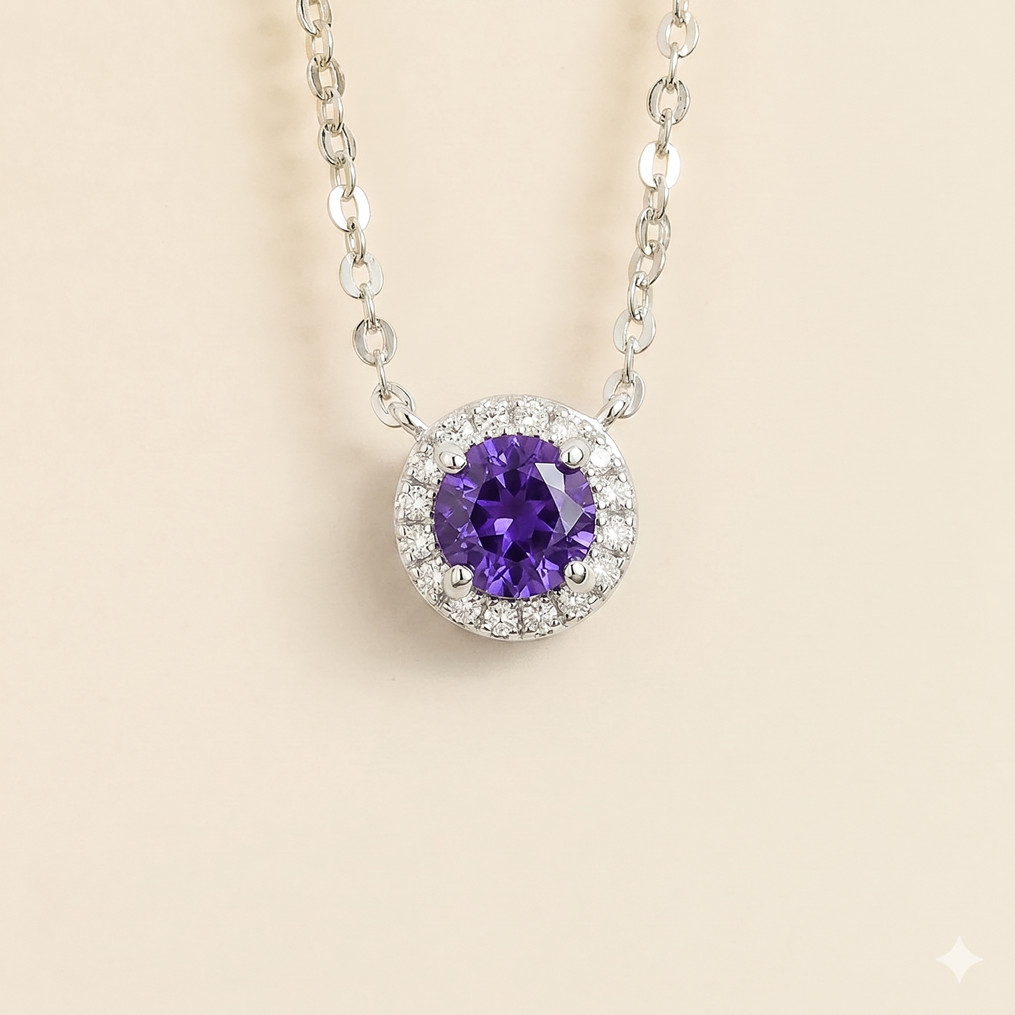 Mars Purple Sapphire Round & Diamond Halo Necklace In White Gold