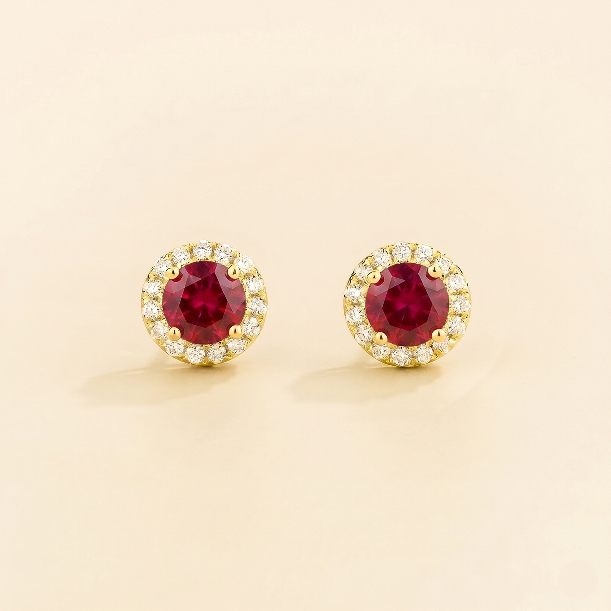 Mars Ruby Round & Diamond Halo Earrings In Gold