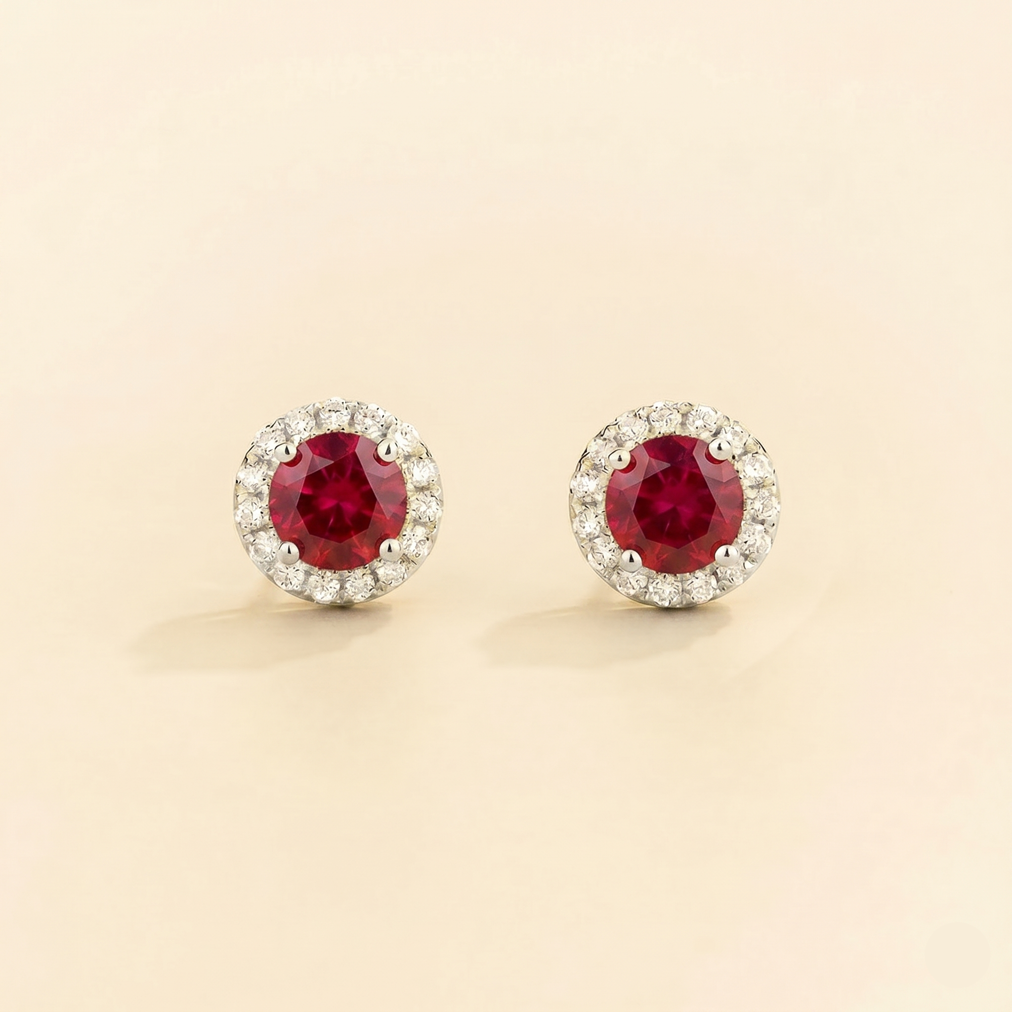 Mars Ruby Round & Diamond Halo Earrings In White Gold