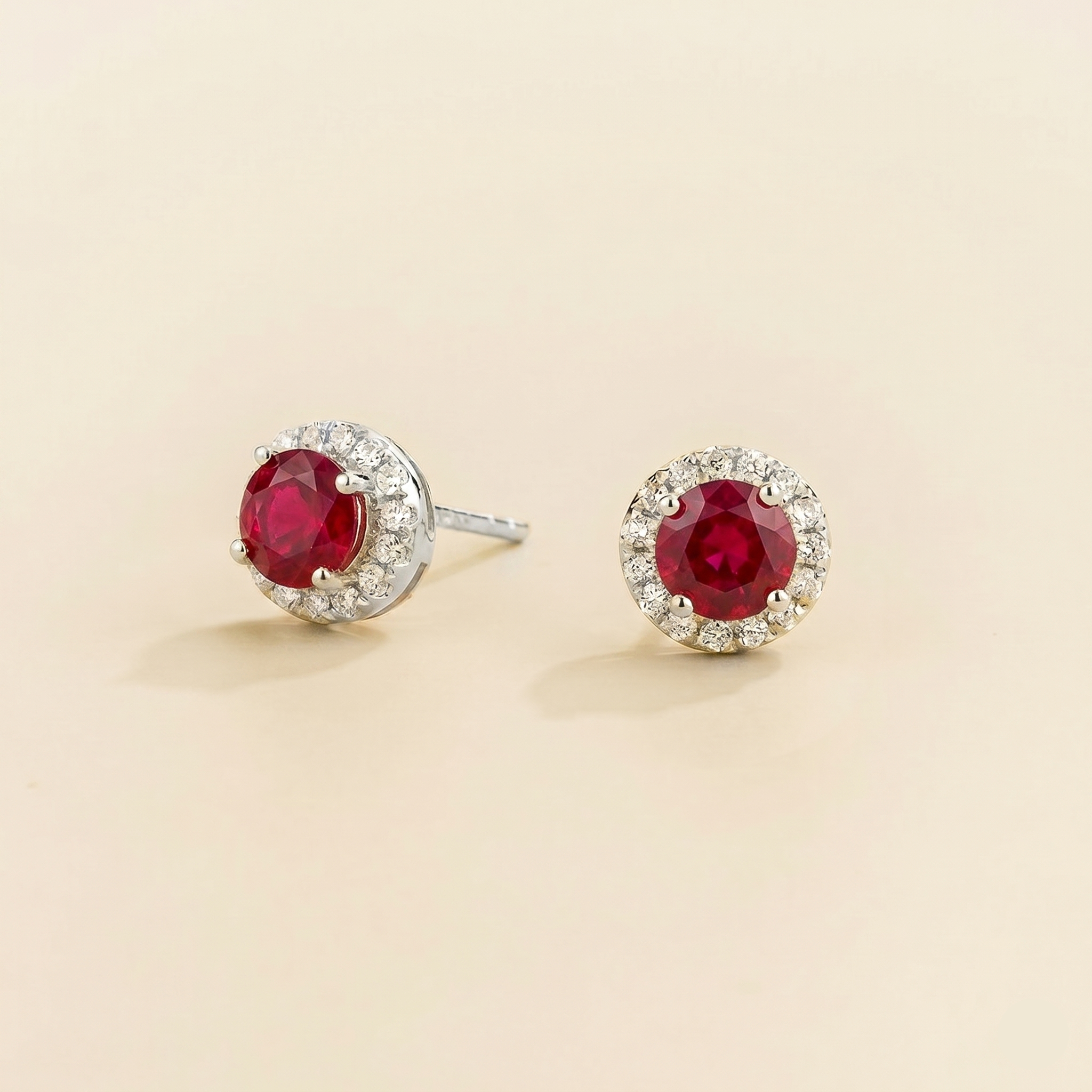Mars Ruby Round & Diamond Halo Earrings In White Gold