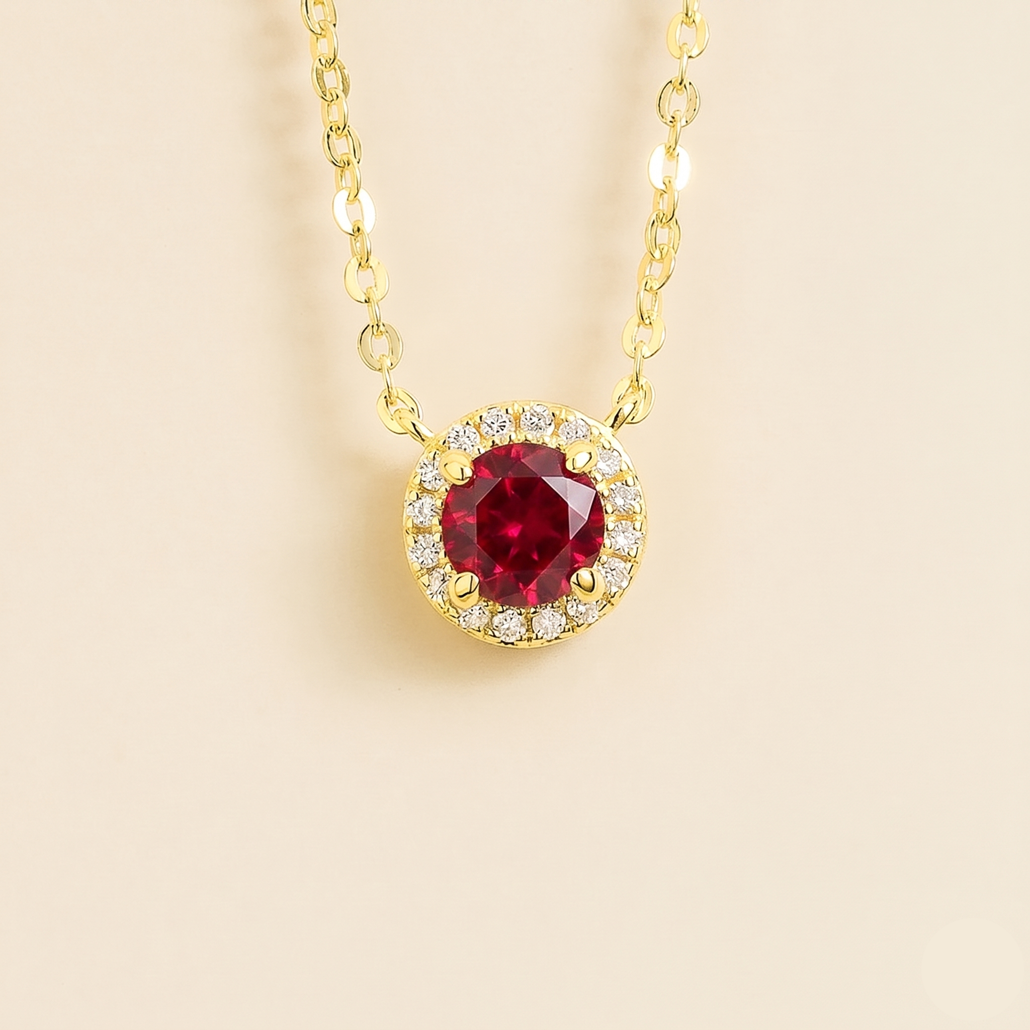 Mars Ruby Round & Diamond Halo Necklace In Gold