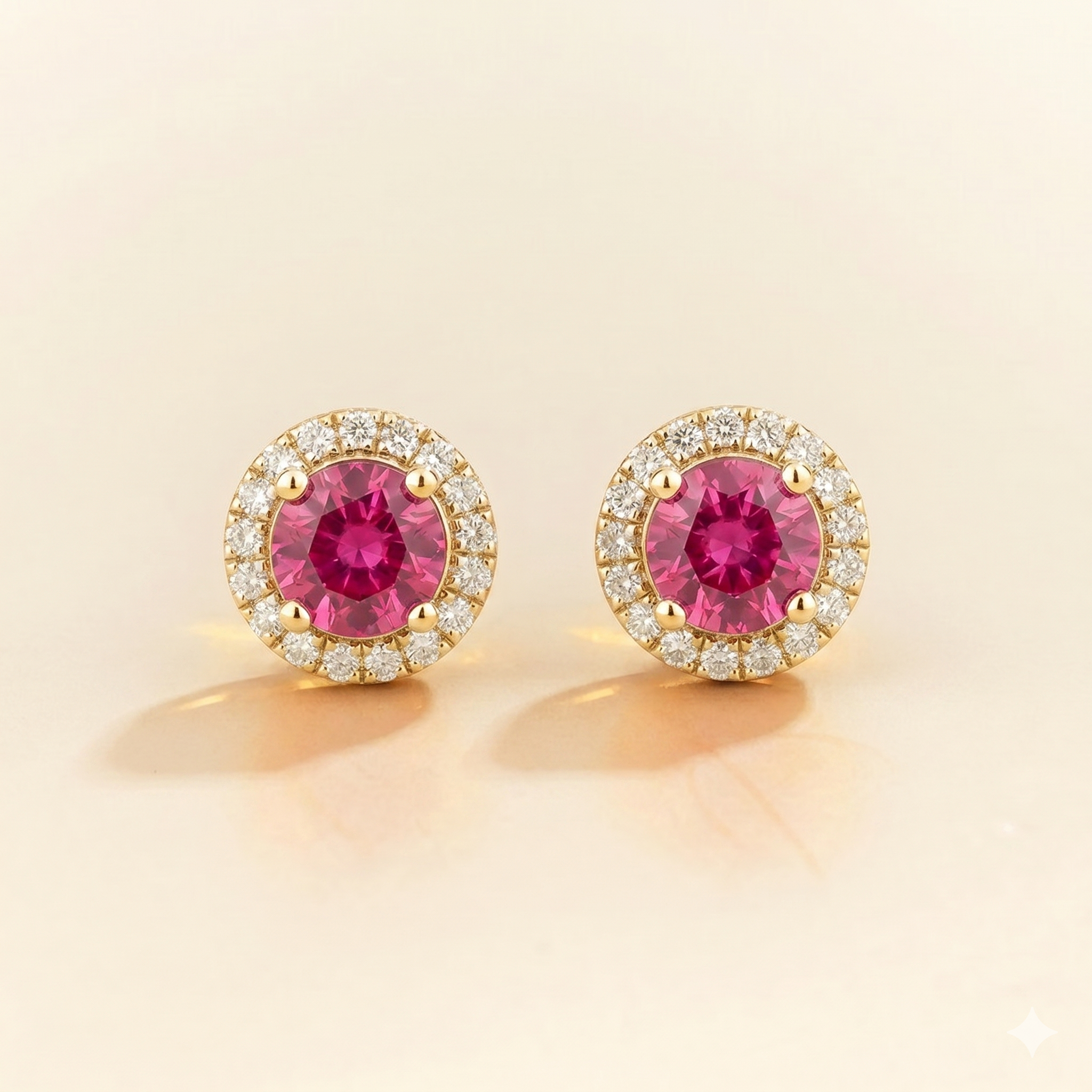 Mars Vivid Pink Sapphire Round & Diamond Halo Earrings In Gold