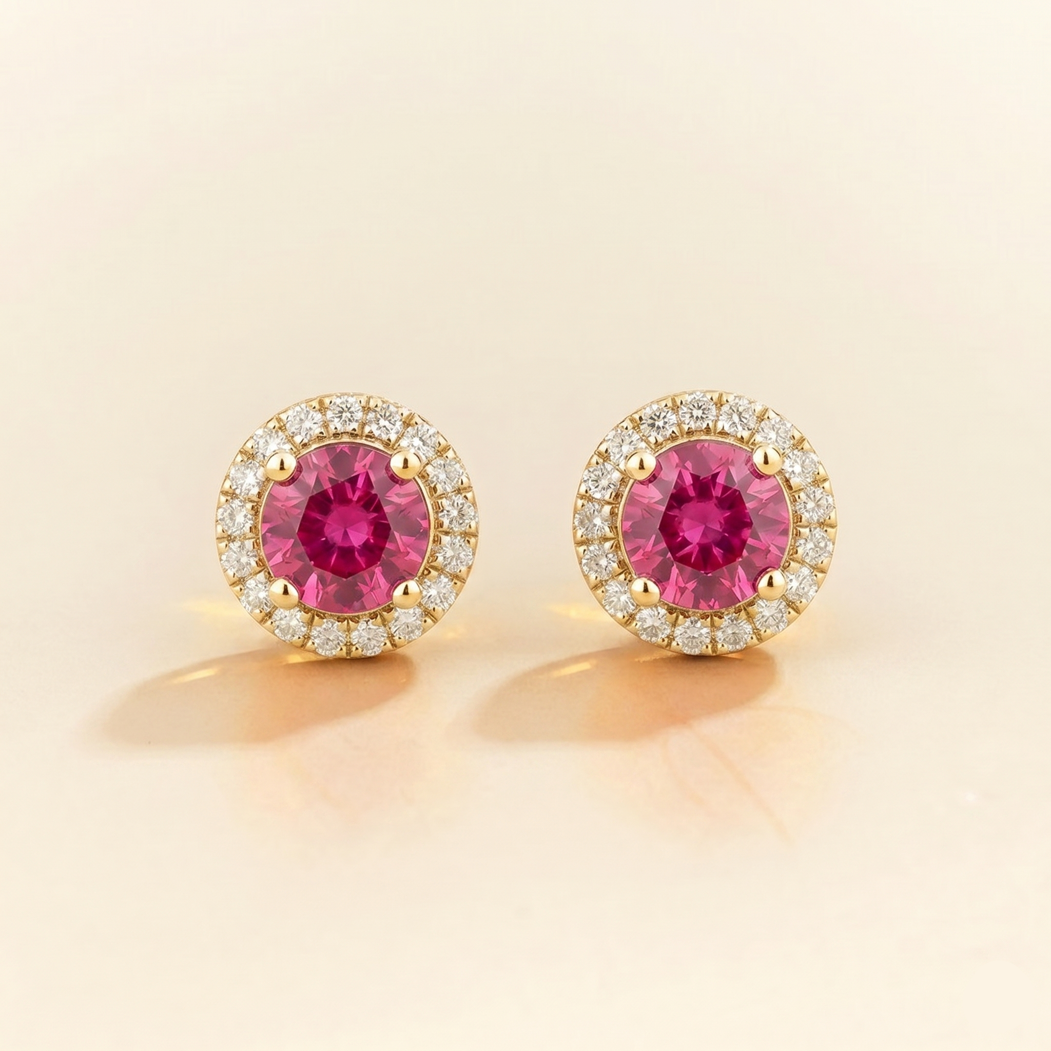 Mars Vivid Pink Sapphire Round & Diamond Halo Earrings In Gold