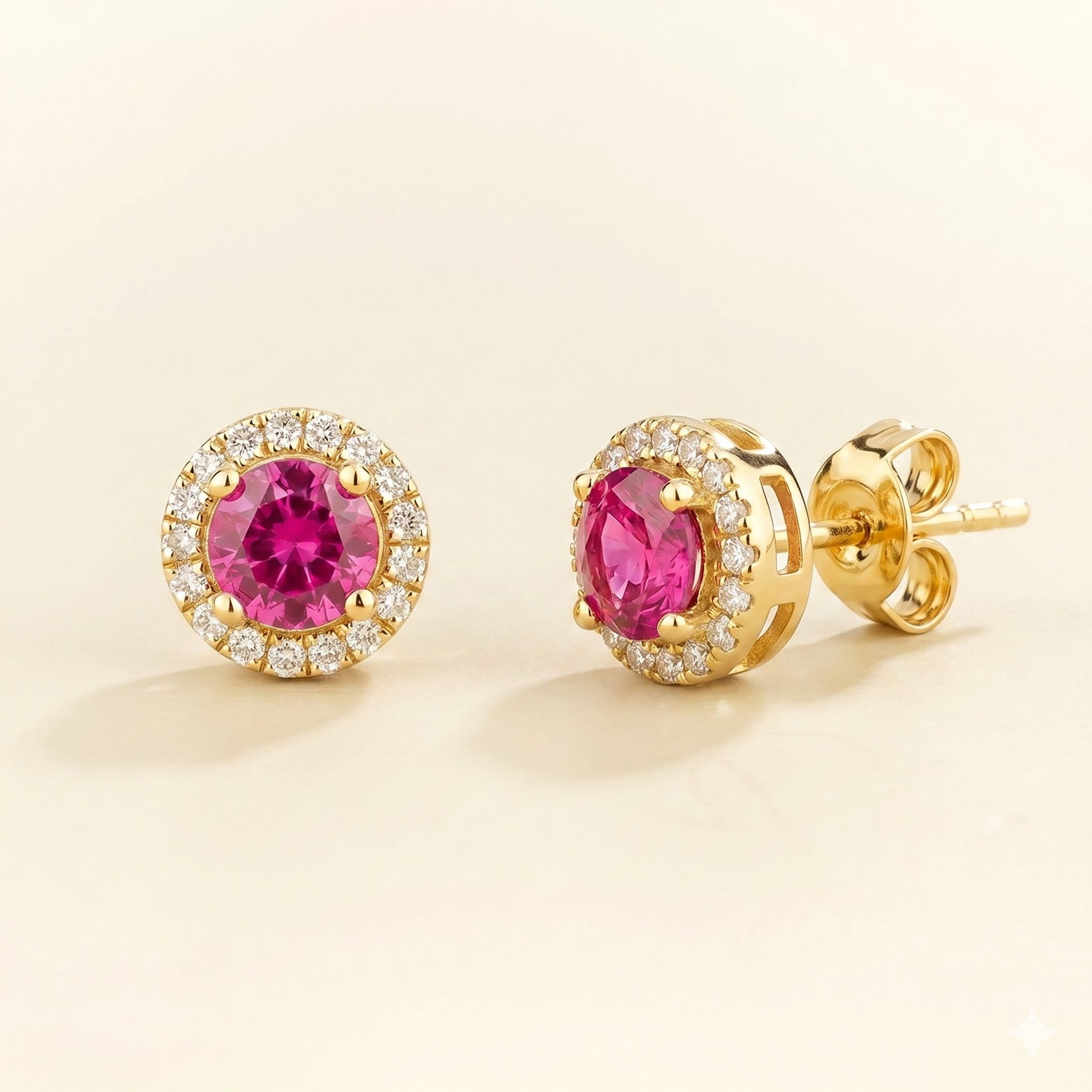 Mars Vivid Pink Sapphire Round & Diamond Halo Earrings In Gold