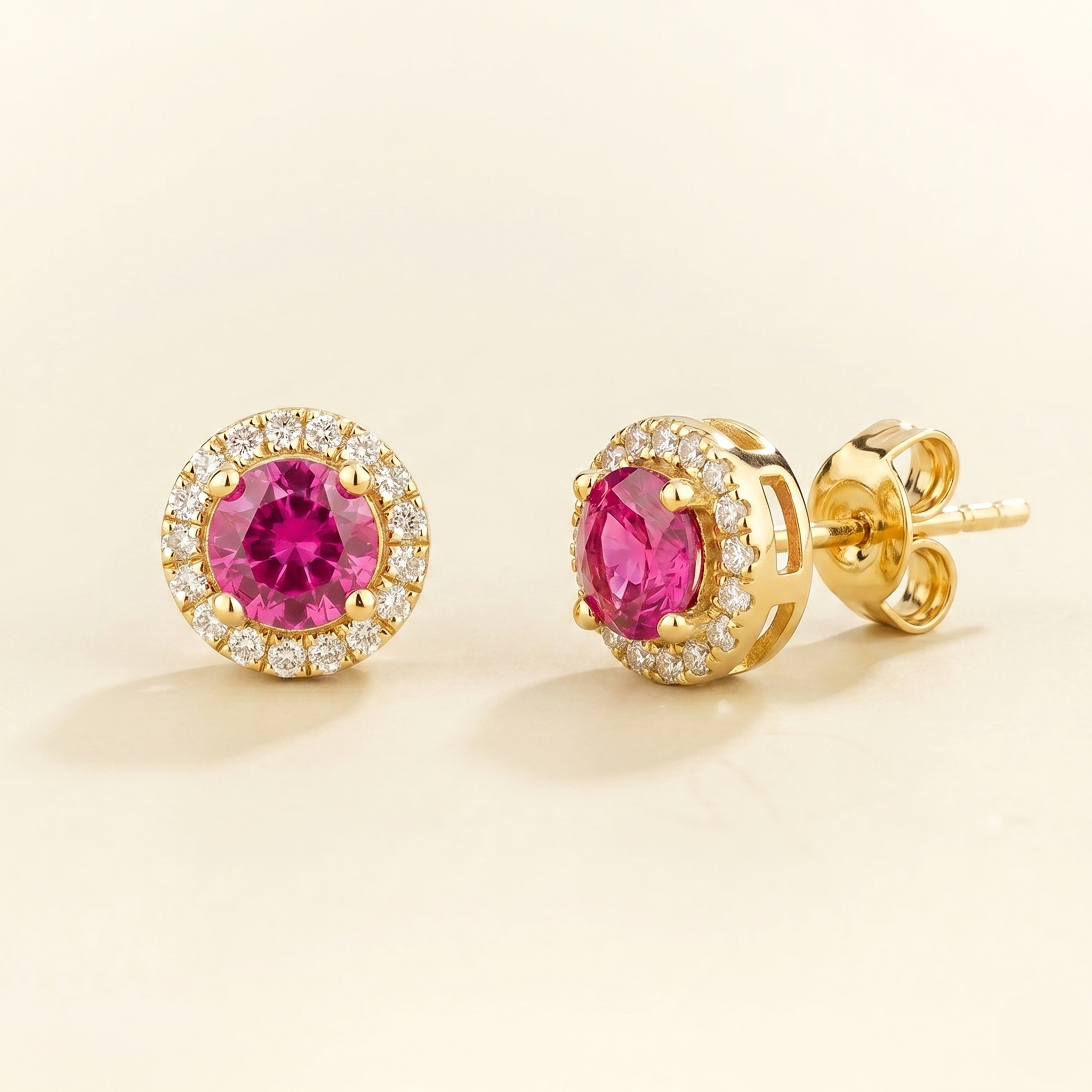 Mars Vivid Pink Sapphire Round & Diamond Halo Earrings In Gold