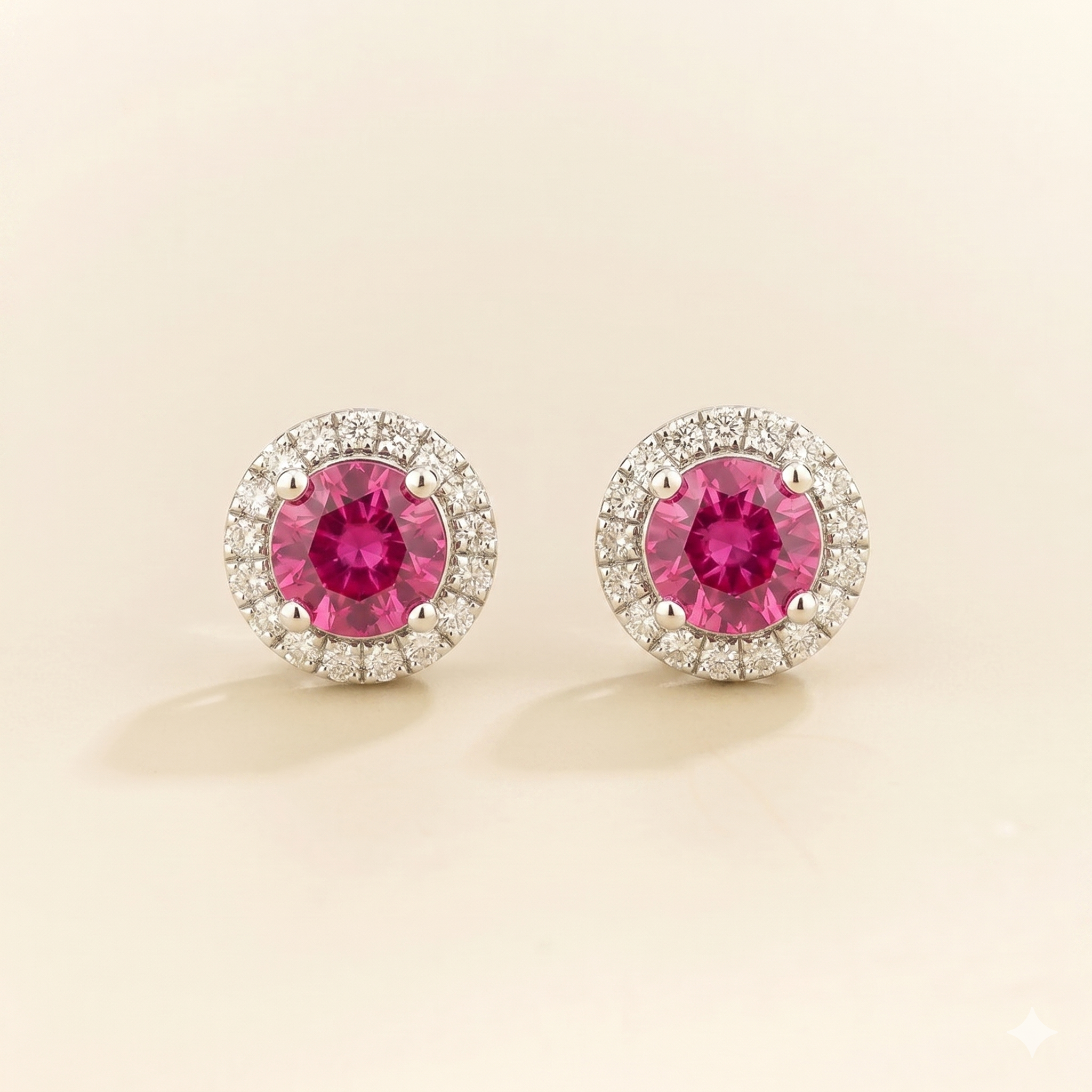 Mars Vivid Pink Sapphire Round & Diamond Halo Earrings In White Gold