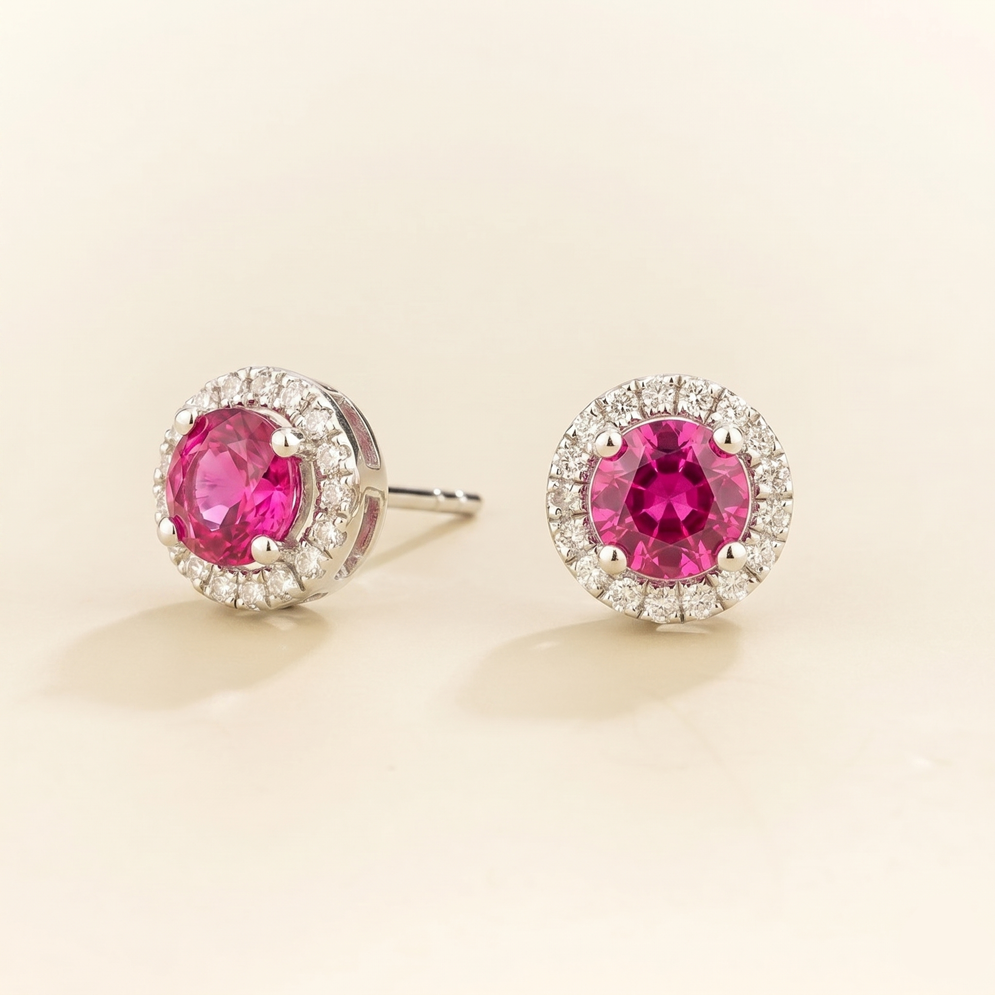 Mars Vivid Pink Sapphire Round & Diamond Halo Earrings In White Gold