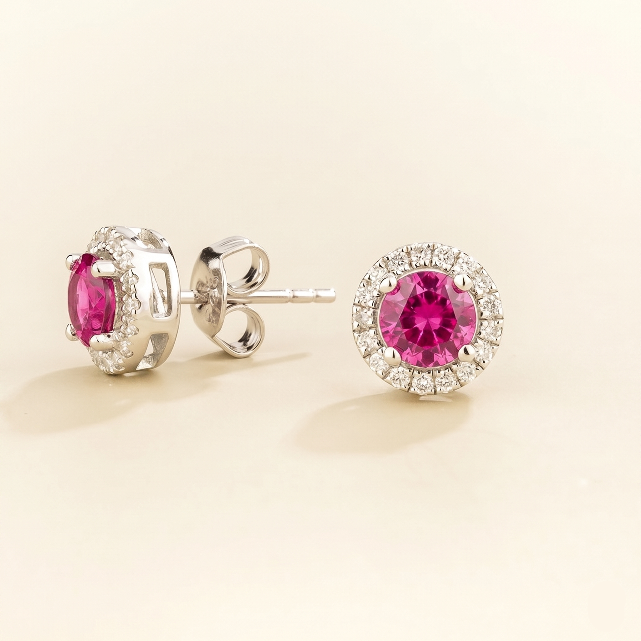 Mars Vivid Pink Sapphire Round & Diamond Halo Earrings In White Gold