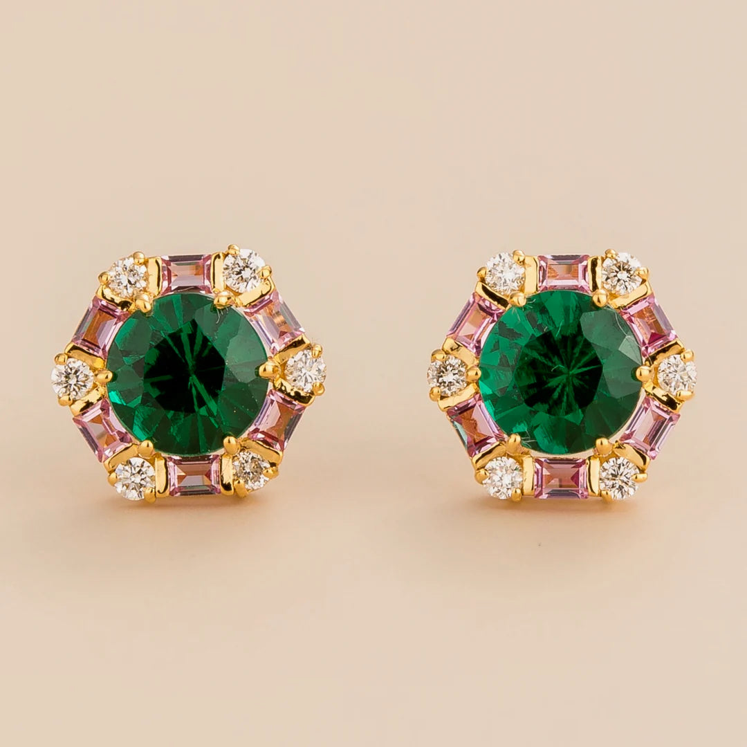 Melba hexagon earrings in 18K gold vermeil set with lab grown Emerald, Pink sapphire and Diamond gem stones. Perfect for yourself and as gift.