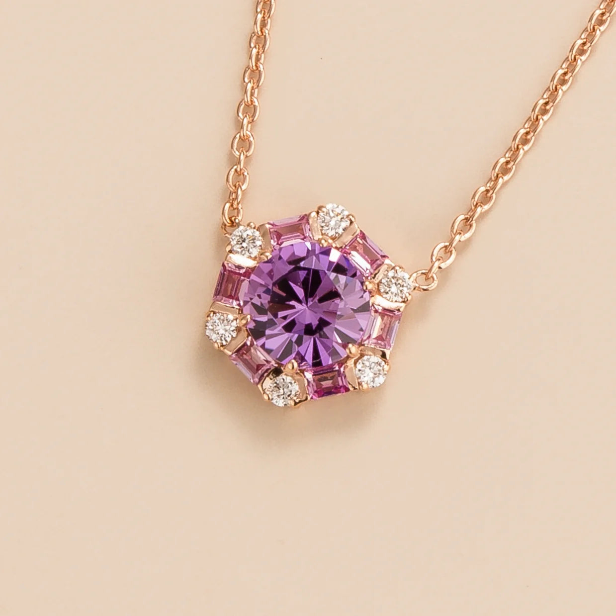 Melba hexagon necklace in 18K pink gold vermeil set with lab grown Purple sapphire, Pink sapphire and Diamond gem stones.
