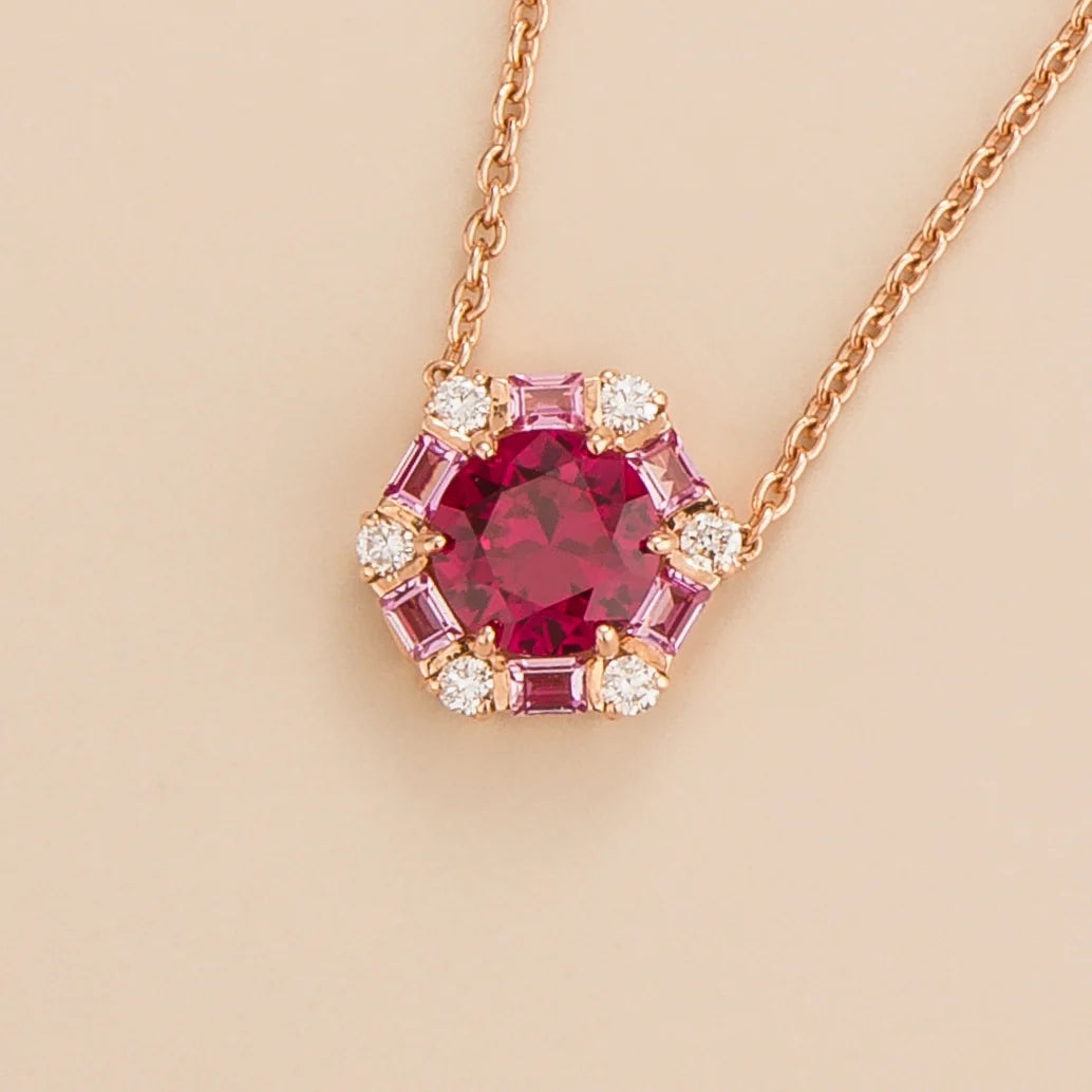 Melba Rose Gold Necklace Set With Ruby Pink Sapphire Diamond