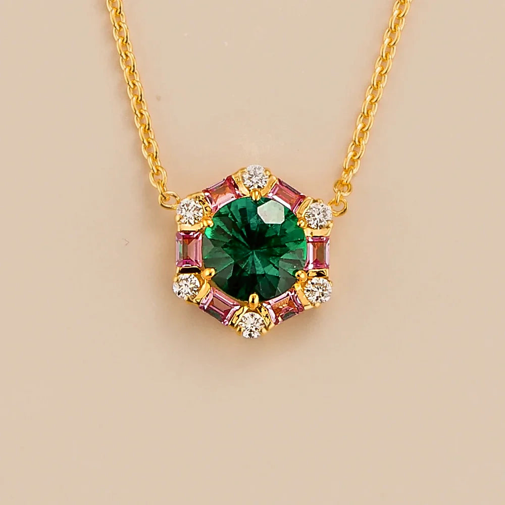 Melba Emerald, Pink Sapphire & Diamond Halo Pendant Necklace In Gold