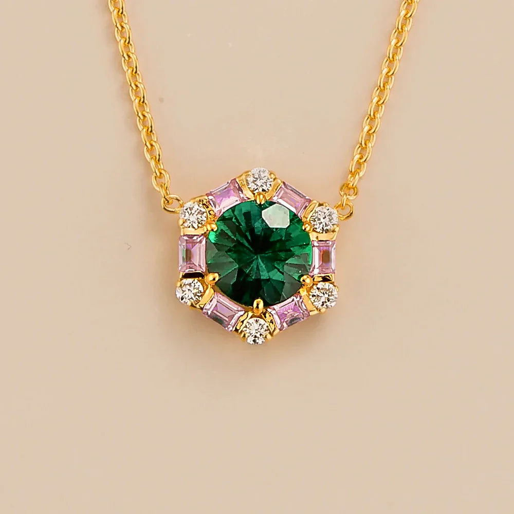 Melba Emerald, Pink Sapphire & Diamond Halo Pendant Necklace In Gold