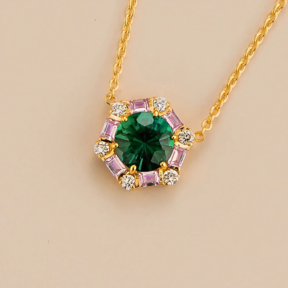 Melba Emerald, Pink Sapphire & Diamond Halo Pendant Necklace In Gold