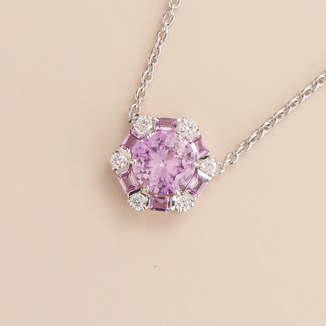 Melba necklace in 18K white gold vermeil set with lab grown Pink sapphire and Diamond gem stones.