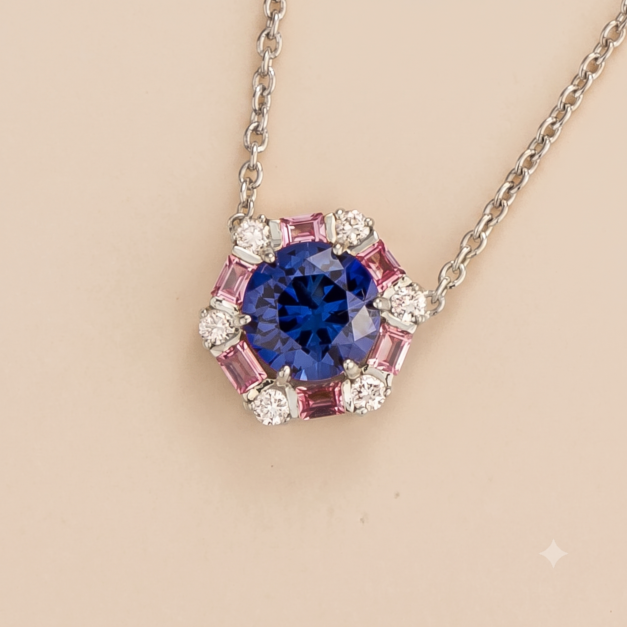 Melba Blue Sapphire, Pink Sapphire & Diamond Halo Hexagon Pendant Necklace In White Gold