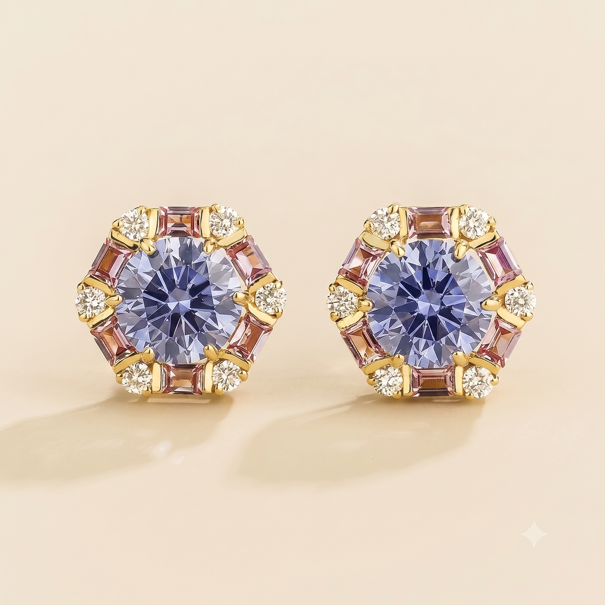 Hexagon halo lab-grown pastel blue sapphire, pink sapphire and diamond stud earrings, Melba design in gold | Juvetti London