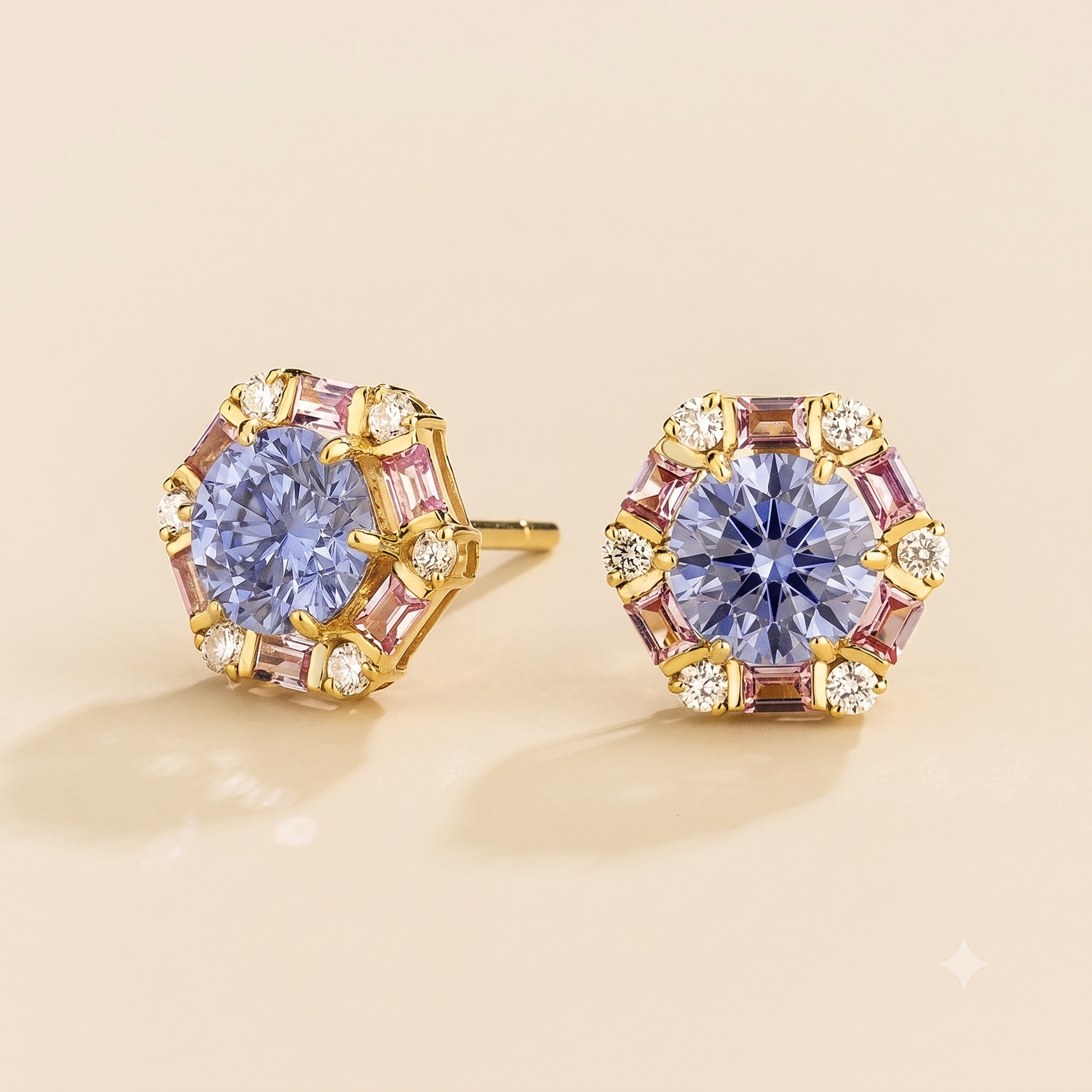 Melba Pastel Blue Sapphire, Pink Sapphire & Diamond Halo Hexagon Stud Earrings In Gold