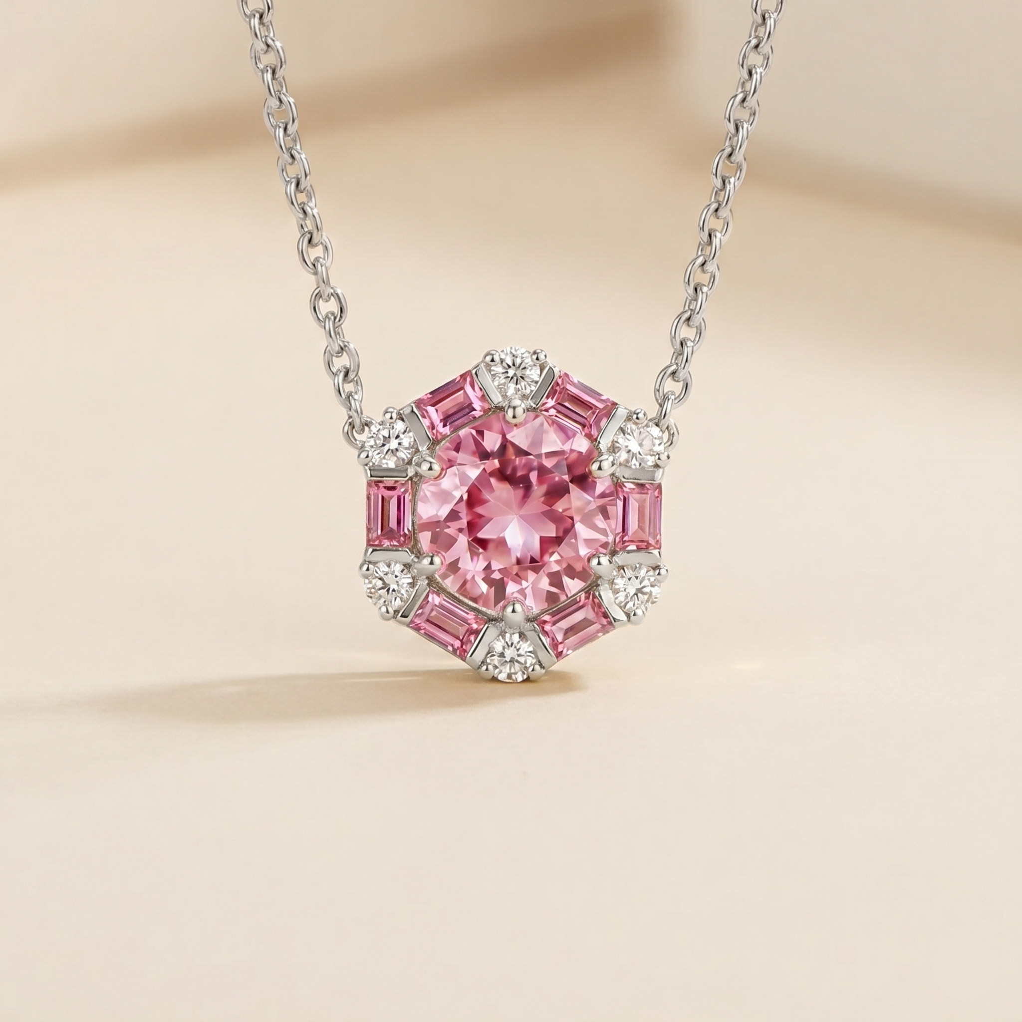 Melba Pink Sapphire & Diamond Halo Hexagon Pendant Necklace in White Gold
