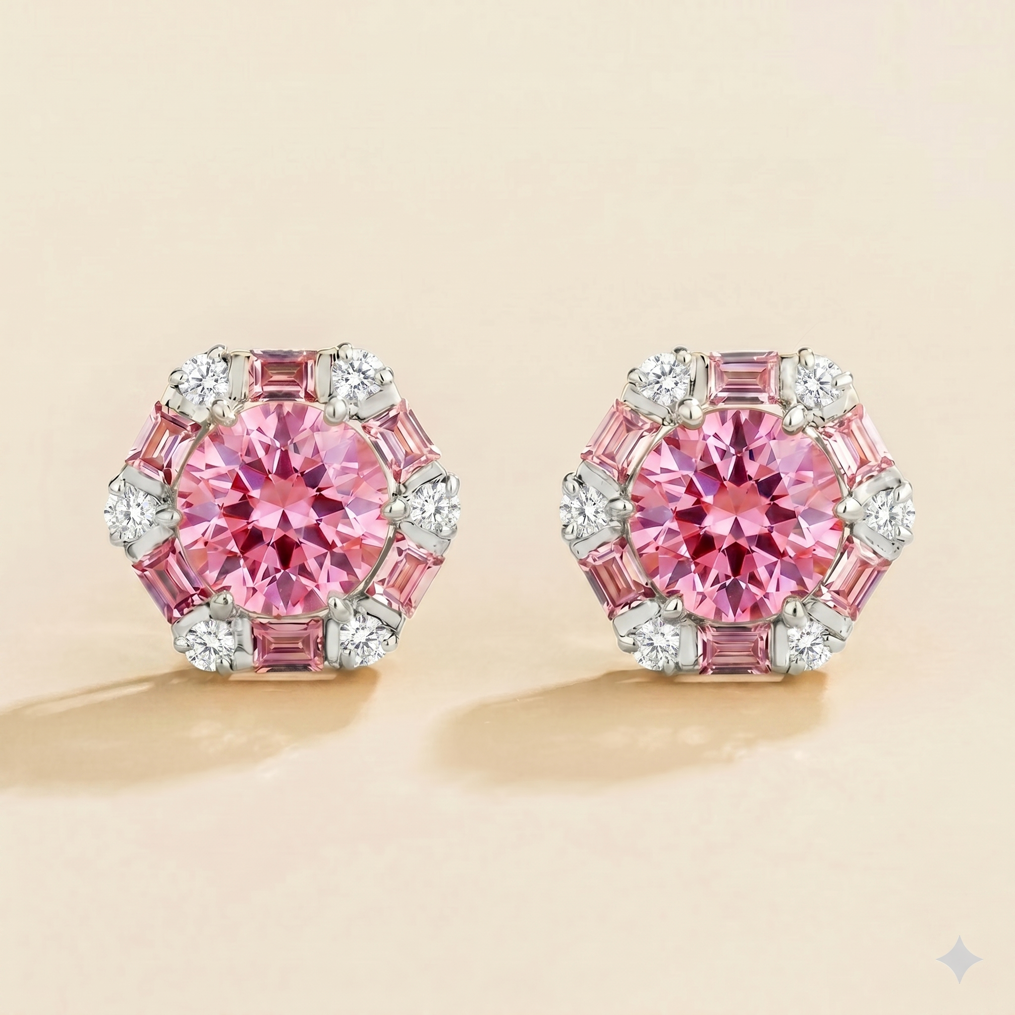 Melba Pink Sapphire & Diamond Halo Hexagon Stud Earrings In White Gold