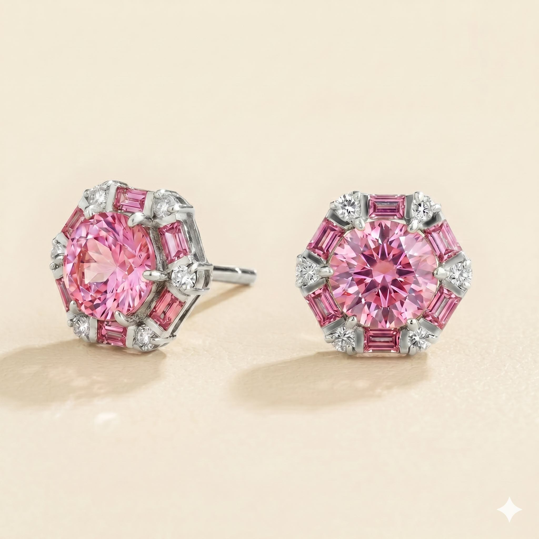 Melba Pink Sapphire & Diamond Halo Hexagon Stud Earrings In White Gold