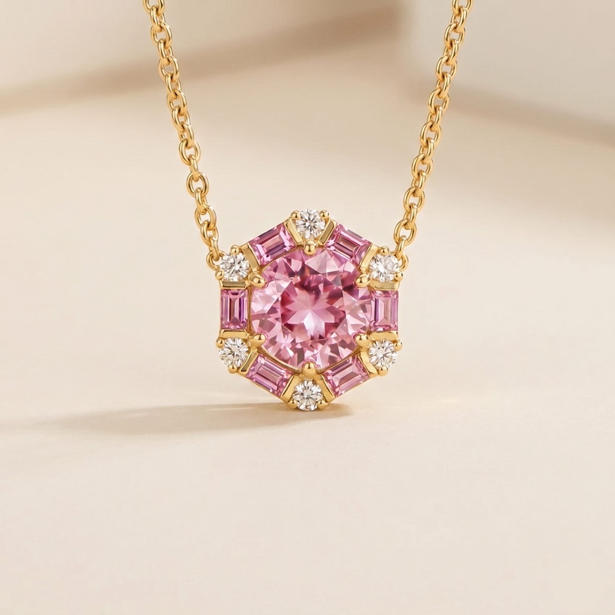 Melba Pink Sapphire & Diamond Halo Pendant Necklace In Gold