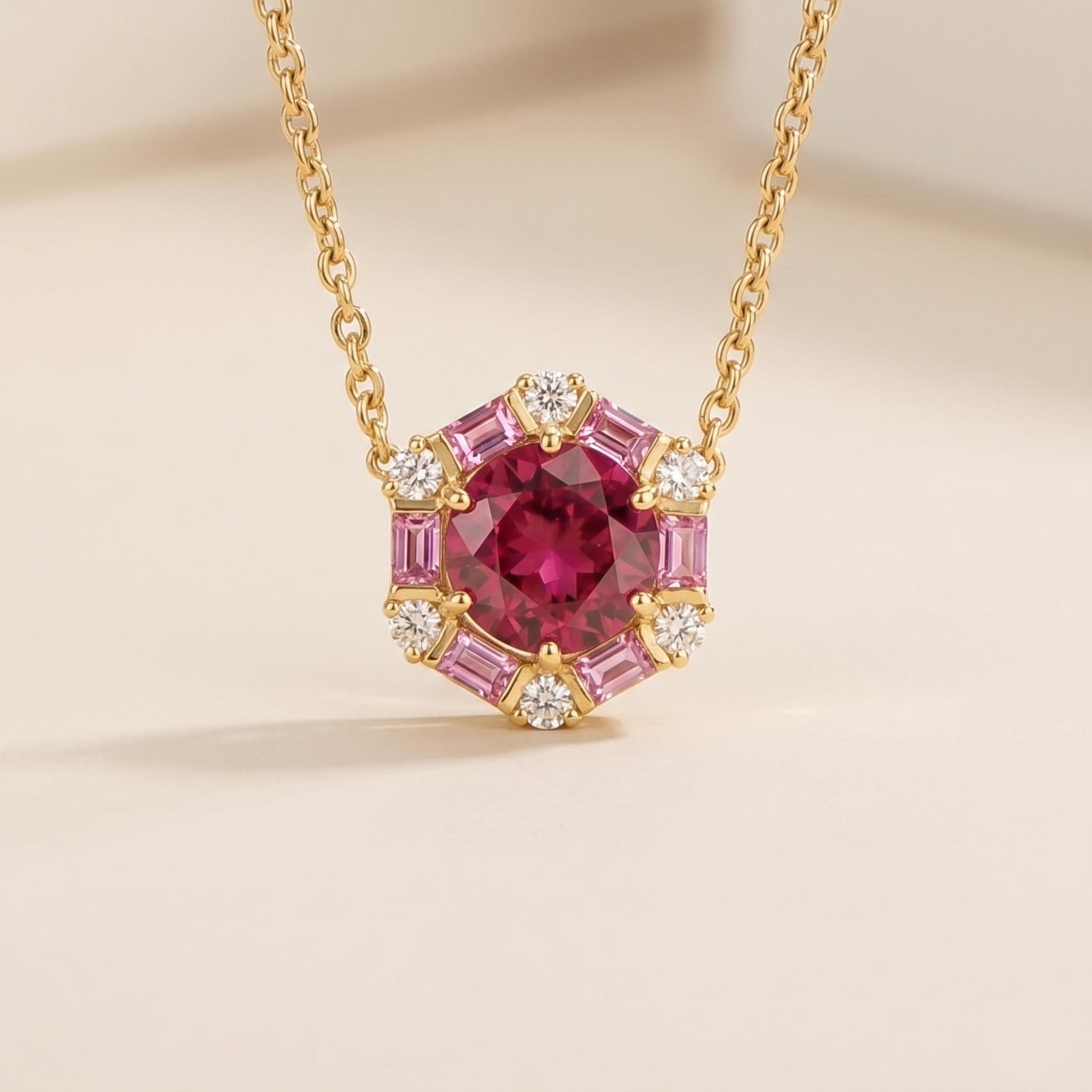 Melba Ruby, Pink Sapphire & Diamond Halo Hexagon Pendant Necklace In Gold
