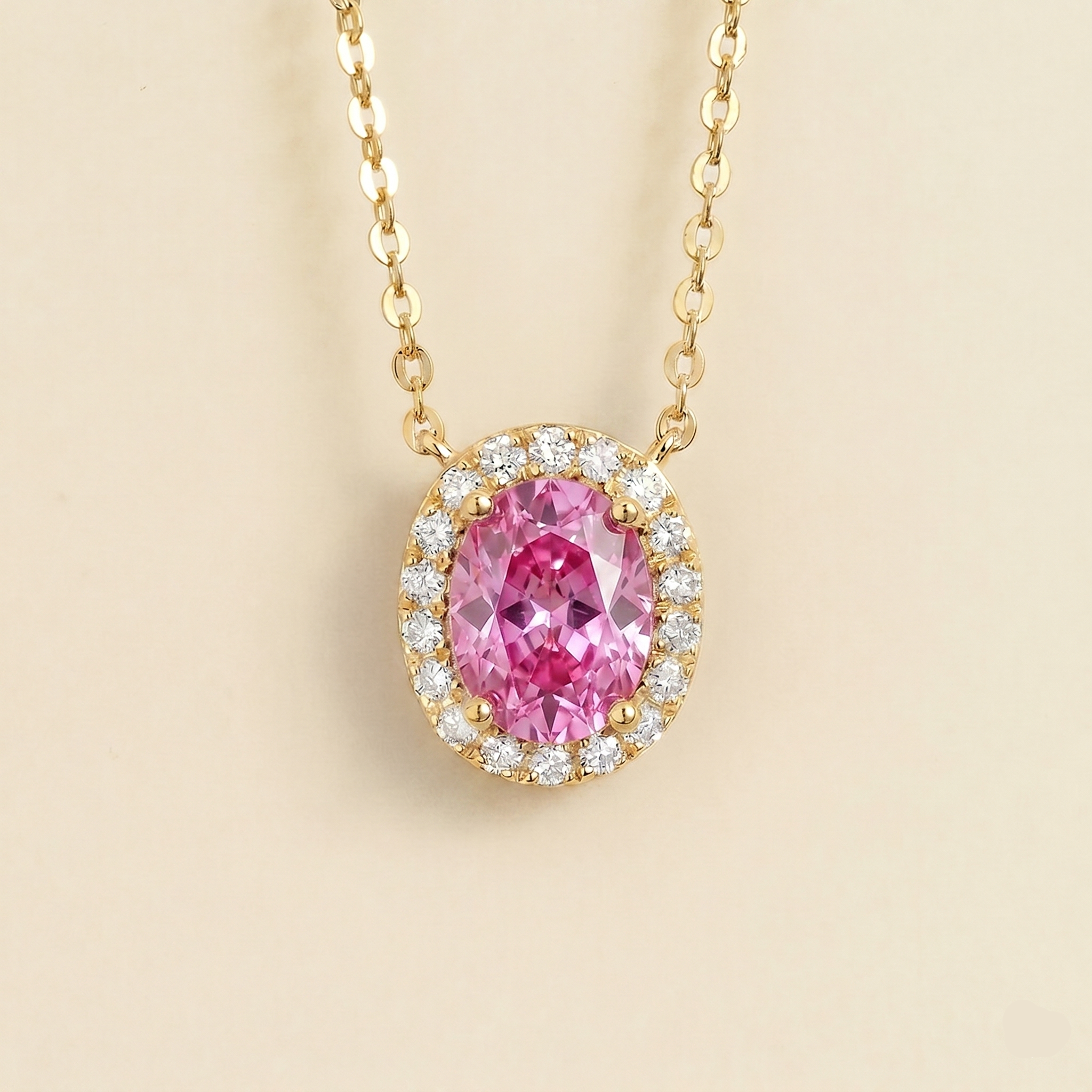 Mina Oval Pink Sapphire & Diamond Halo Necklace In Gold