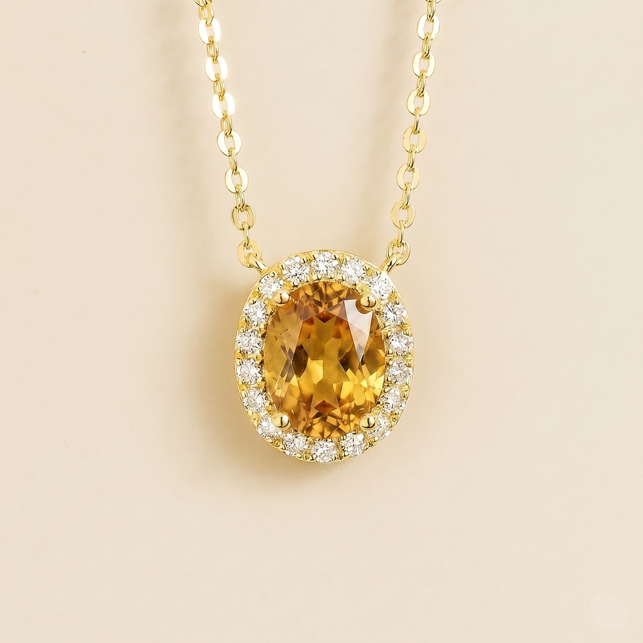 Oval lab-grown yellow sapphire and diamond halo Mina necklace in gold | Juvetti London