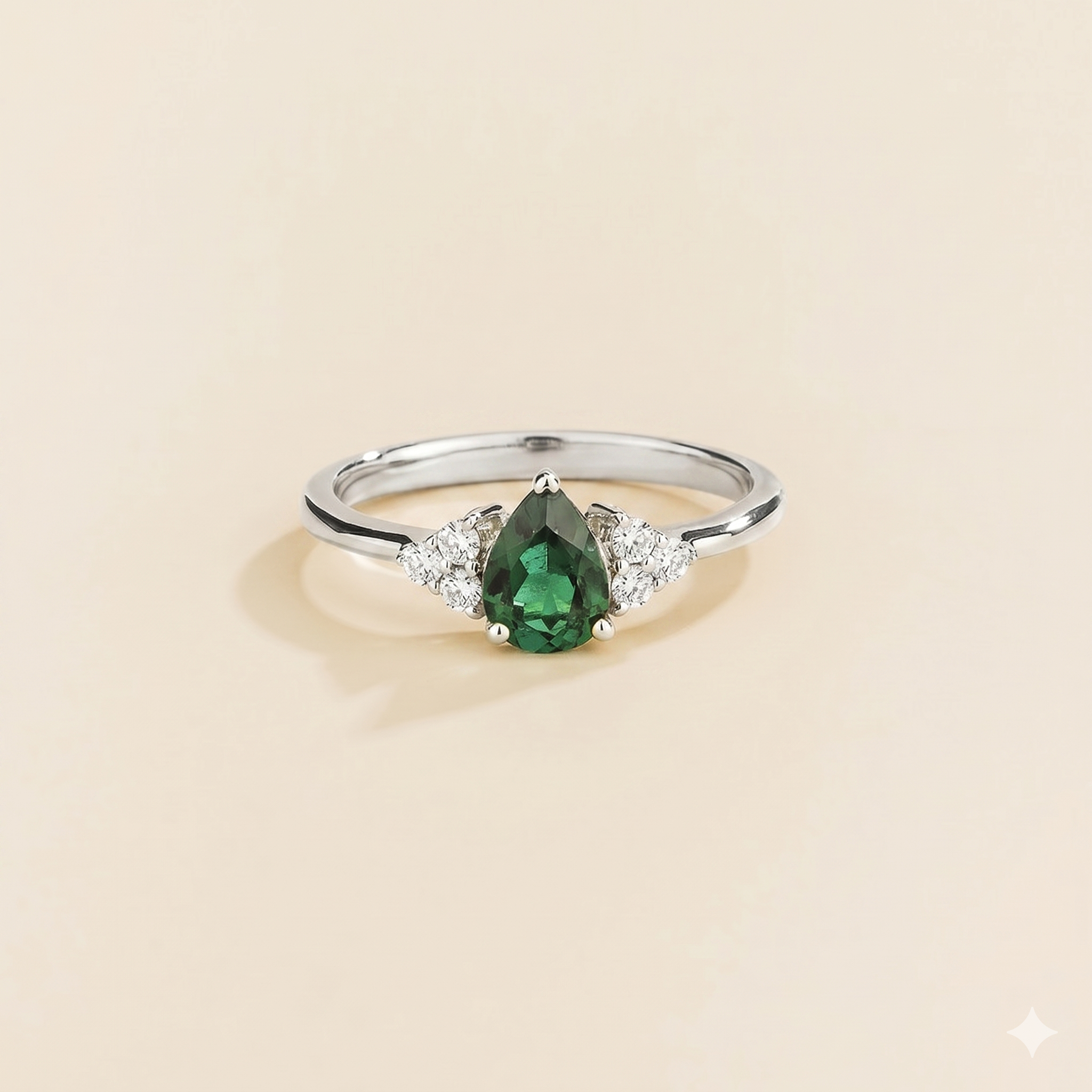 Nora Emerald & Diamond Pear Cut Ring in White Gold