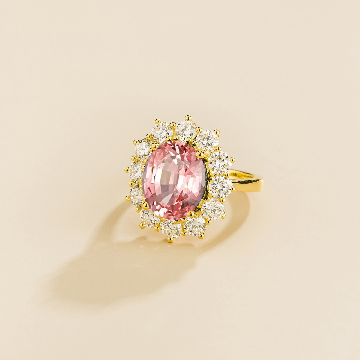 Oda Padparadscha Sapphire Oval & Diamond Halo Ring In Gold