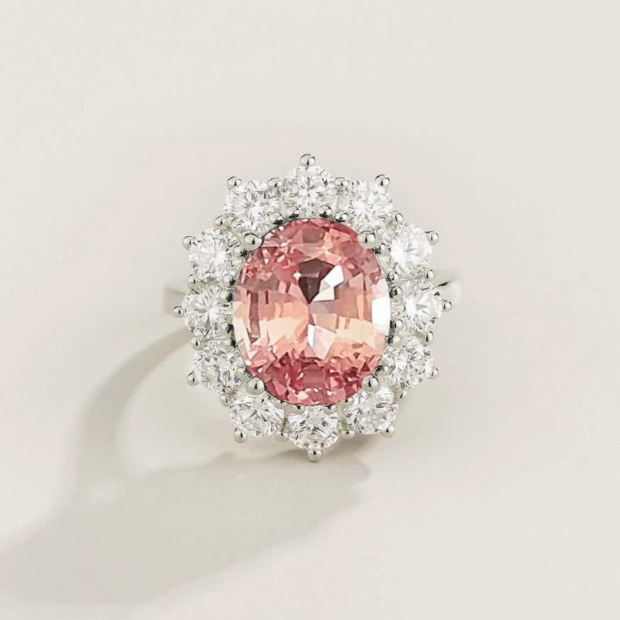 Oda Padparadscha Sapphire Oval & Diamond Halo Ring In White Gold