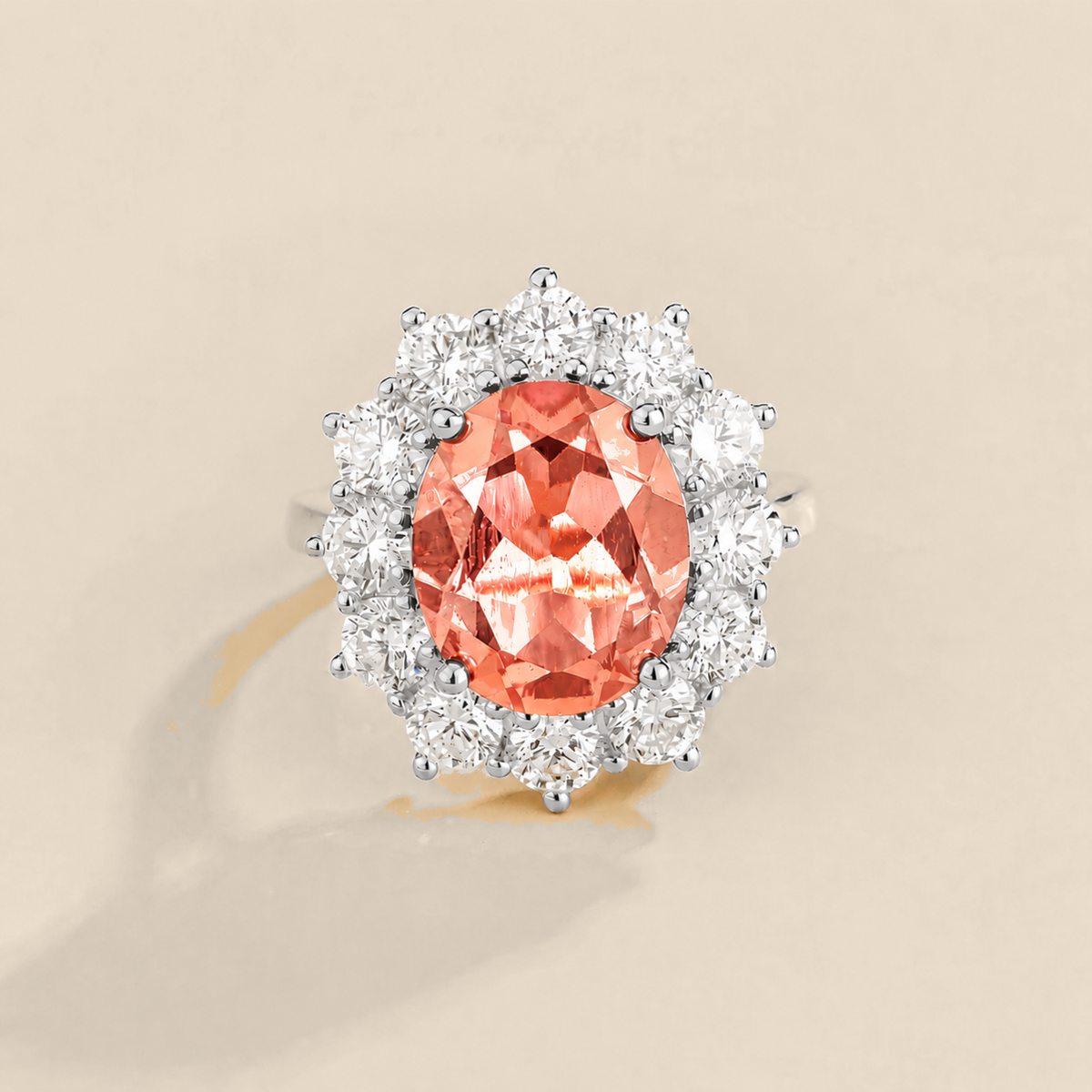 Divo Padparadscha Sapphire Oval & Diamond Halo Ring in White Gold | Juvetti