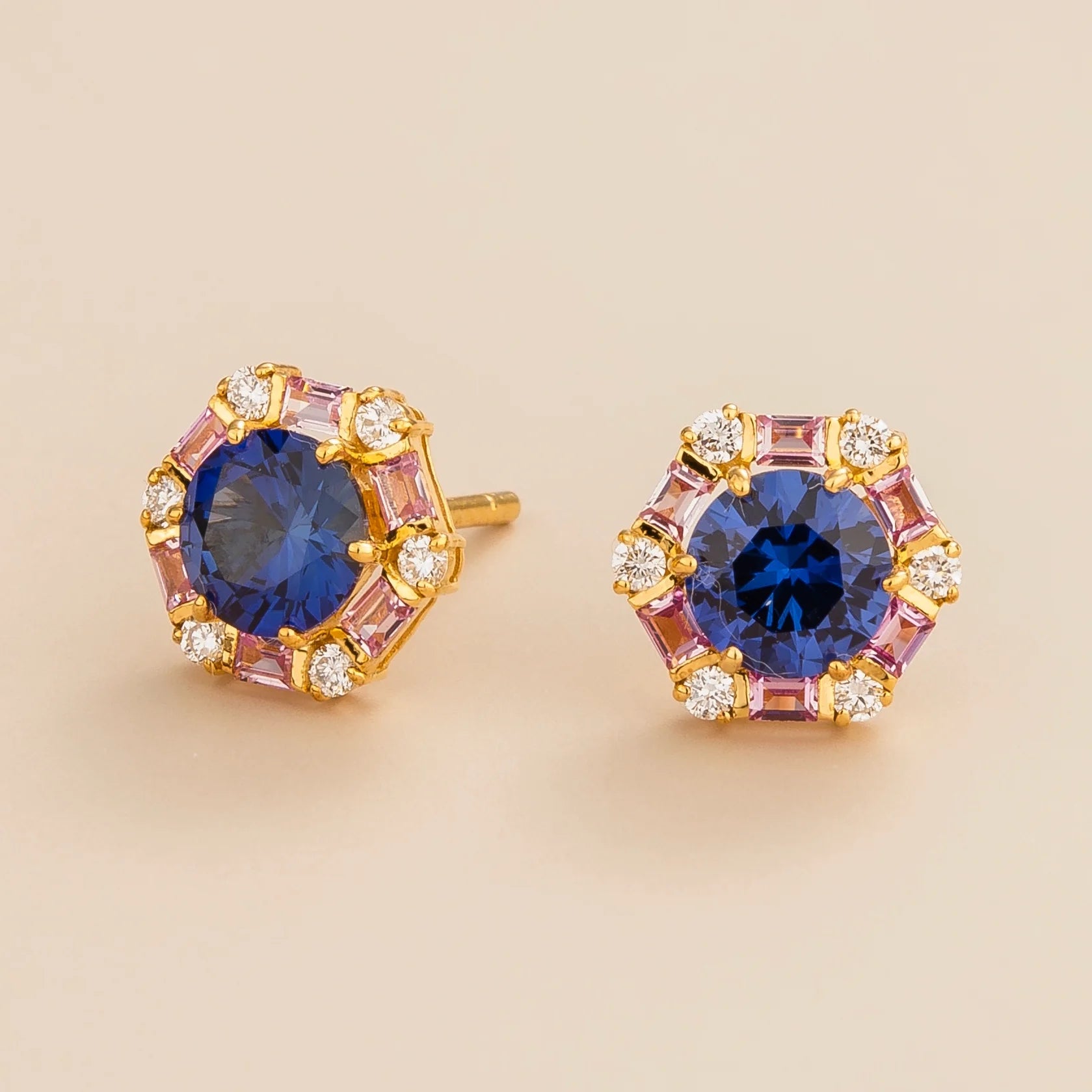 Melba hexagon earrings in 18K gold vermeil set with lab grown Blue sapphire, Pink sapphire and Diamond gem stones. Perfect for yourself and as gift.