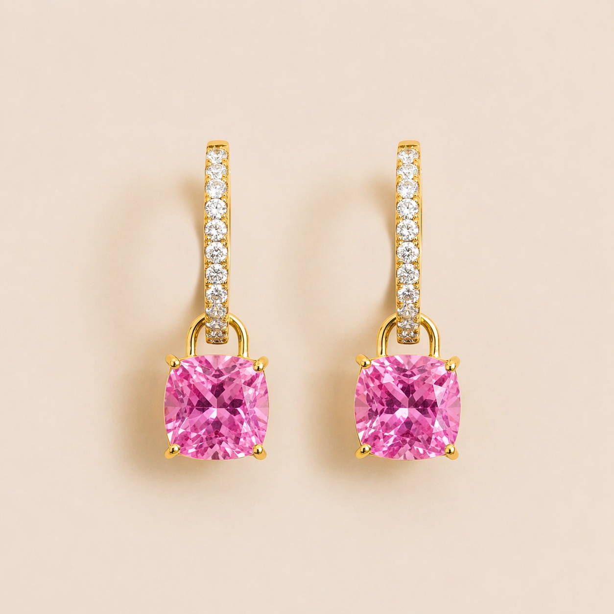 Oreol Pink Sapphire Cushion Cut & Diamond Hoop Drop Earrings in Gold