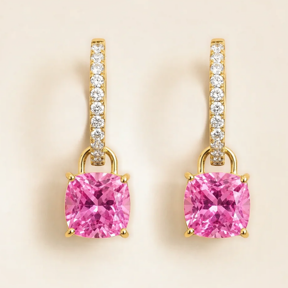Roue Pink Sapphire Cushion Cut & Diamond Hoop Drop Earrings in Gold