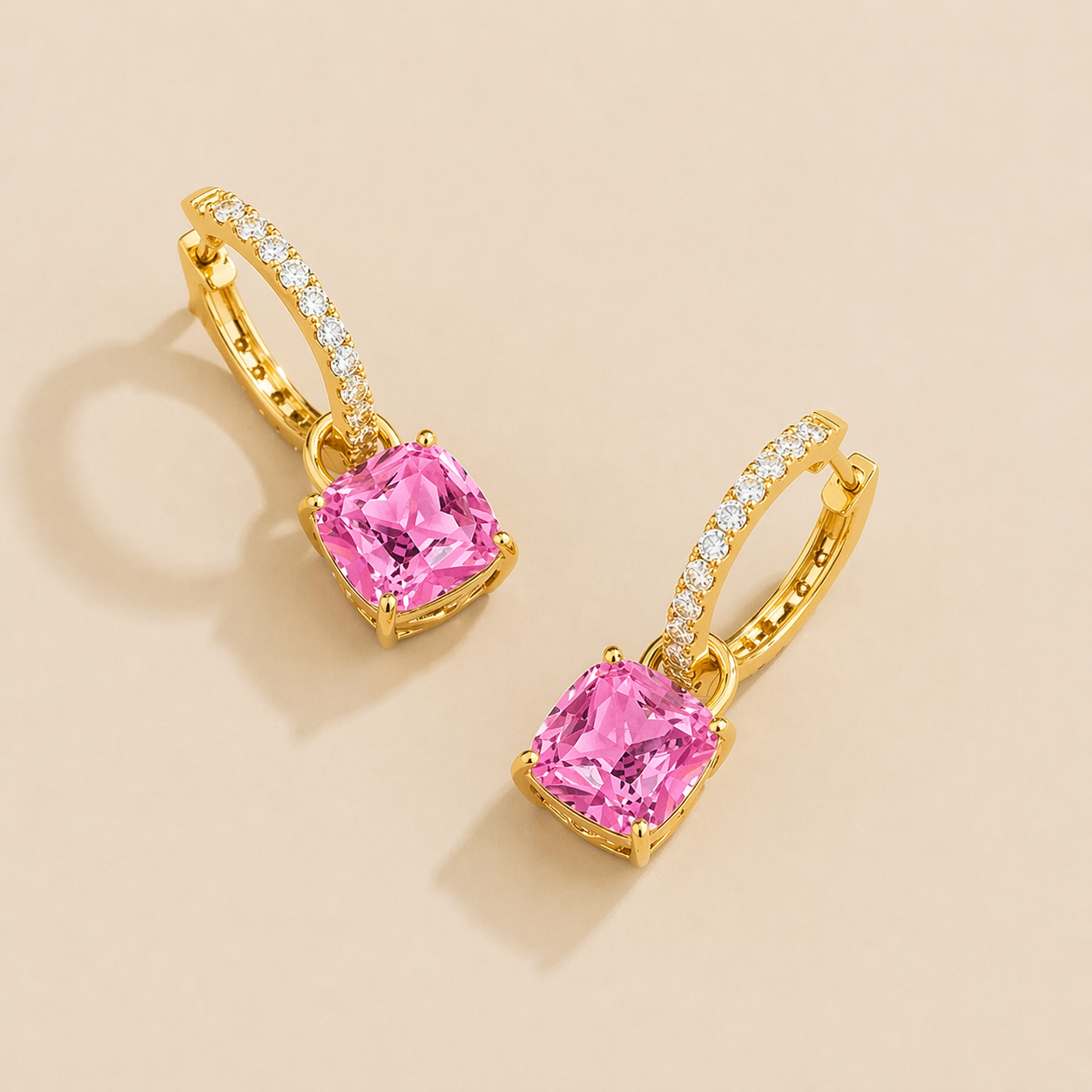 Oreol Pink Sapphire Cushion Cut & Diamond Hoop Drop Earrings in Gold