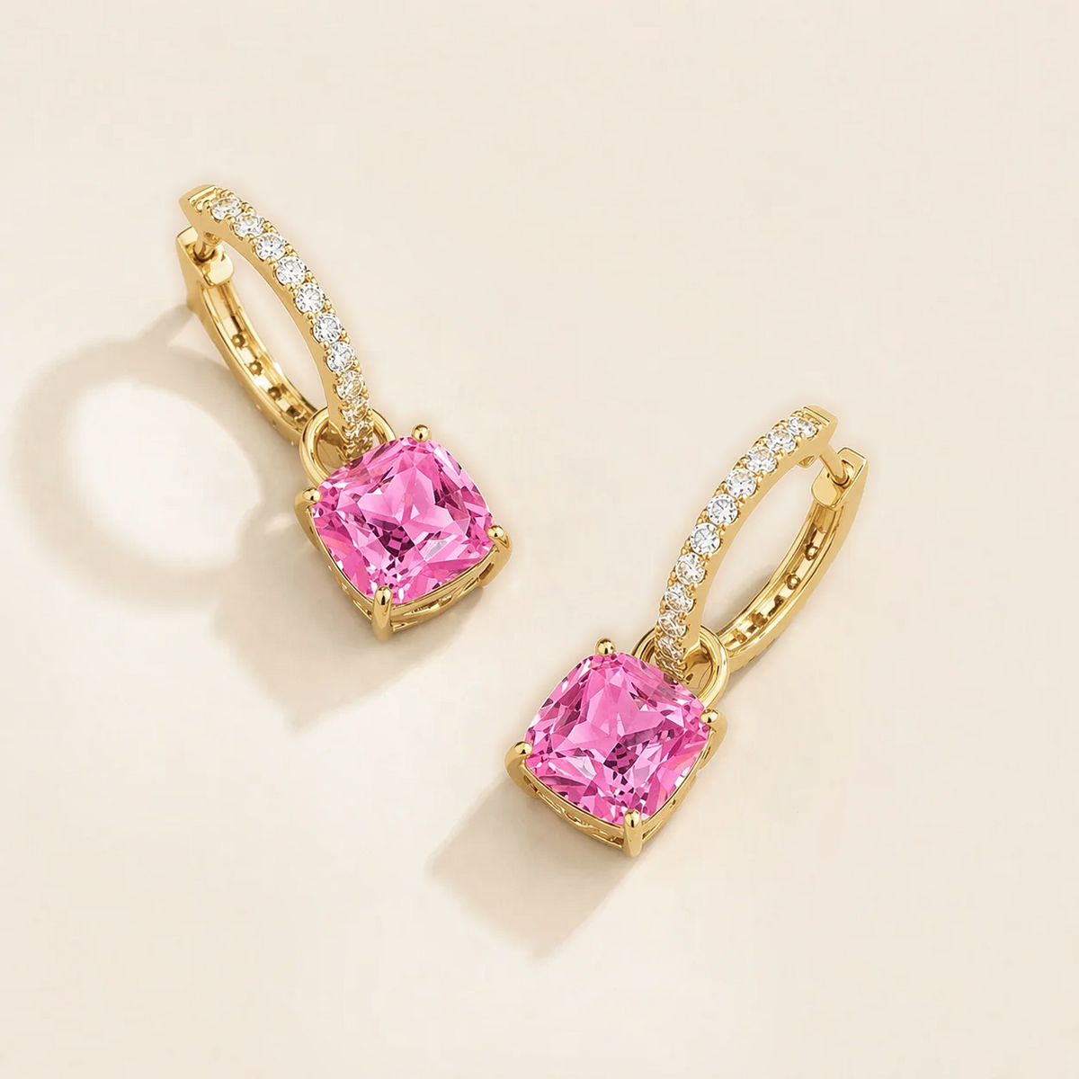 Roue Pink Sapphire Cushion Cut & Diamond Hoop Drop Earrings in Gold