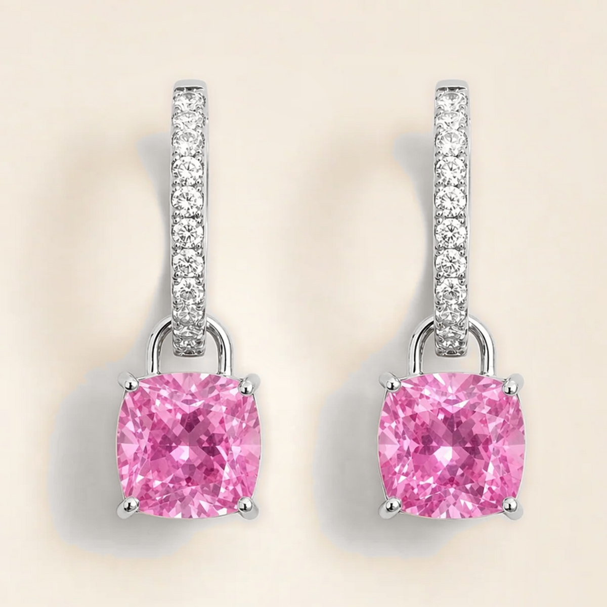 Roue Pink Sapphire Cushion Cut & Diamond Hoop Drop Earrings in White Gold