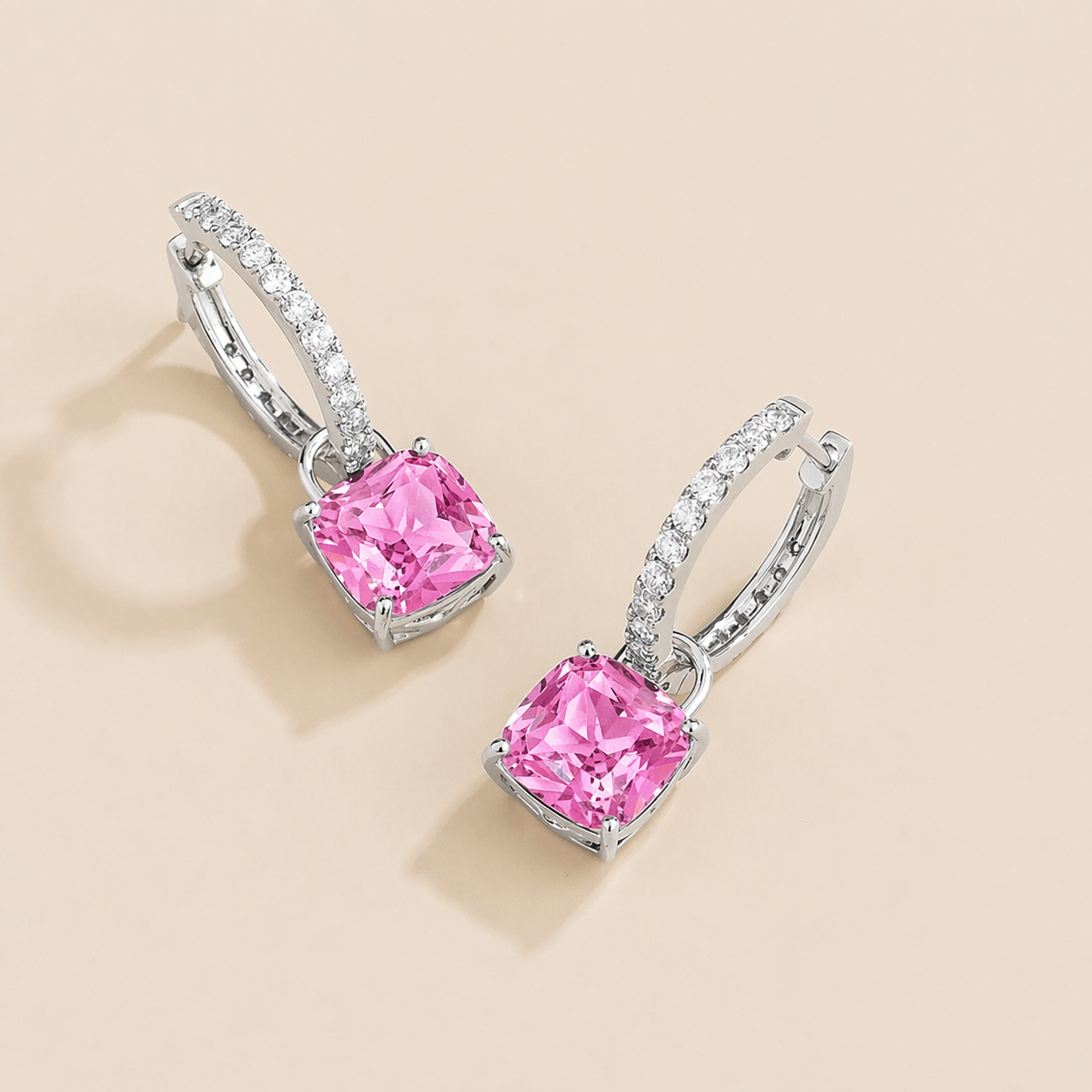 Oreol Pink Sapphire Cushion Cut & Diamond Hoop Drop Earrings in White Gold