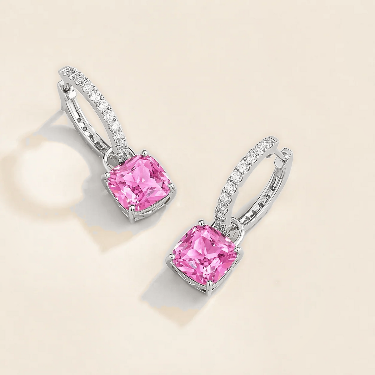 Roue Pink Sapphire Cushion Cut & Diamond Hoop Drop Earrings in White Gold