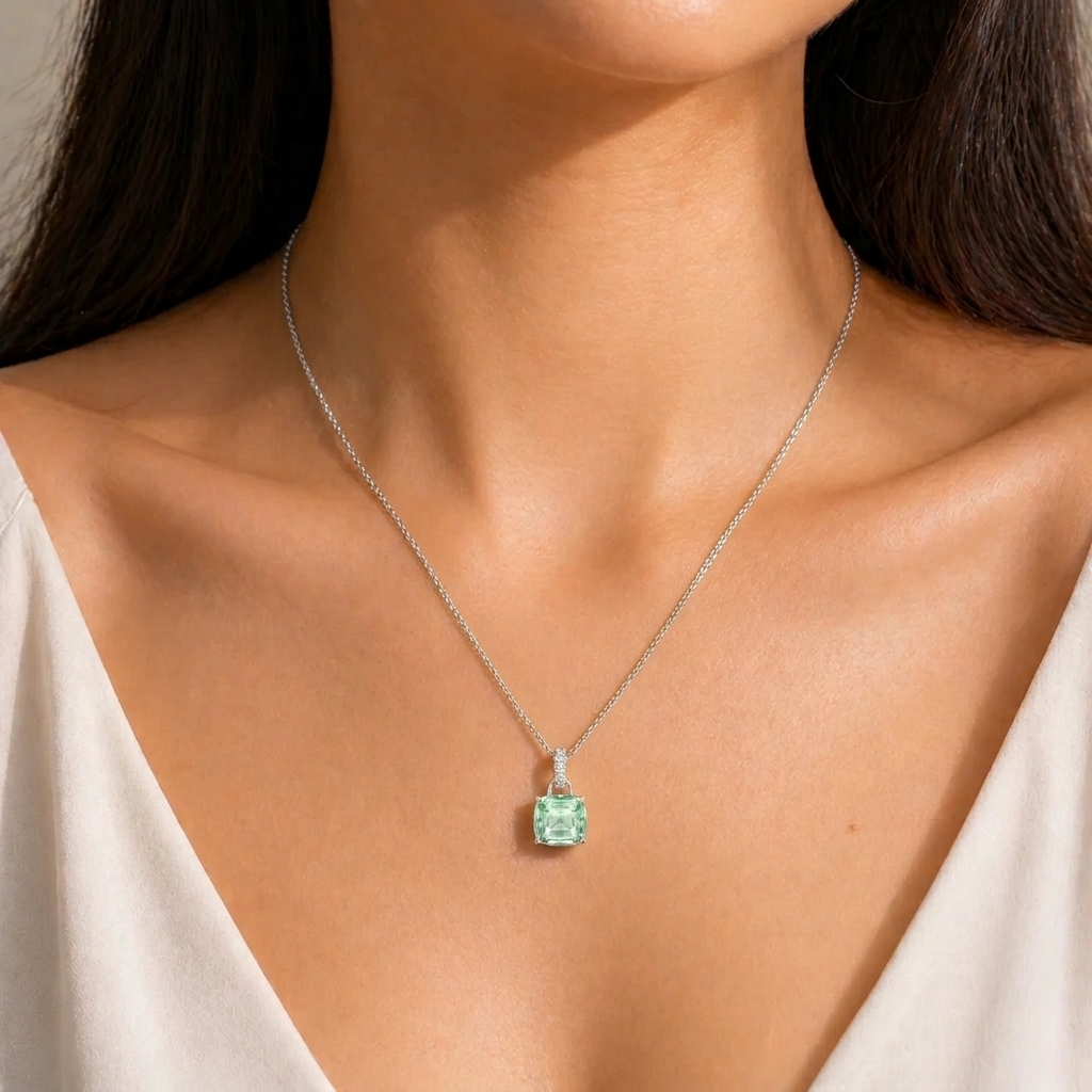 Cushion-cut Green Sapphire & Diamond Pendant Necklace in White Gold