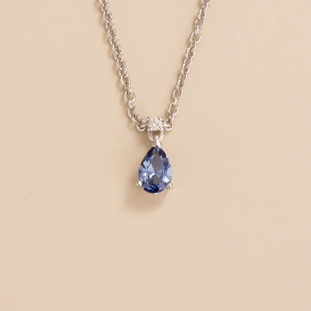 Pear-drop lab-grown pastel blue sapphire and diamond pendant necklace, Pisa small design in white gold | Juvetti London