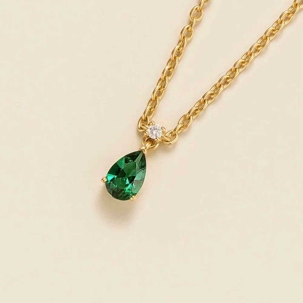 Pisa Emerald & Diamond Pear Drop Pendant Necklace In Gold - Small