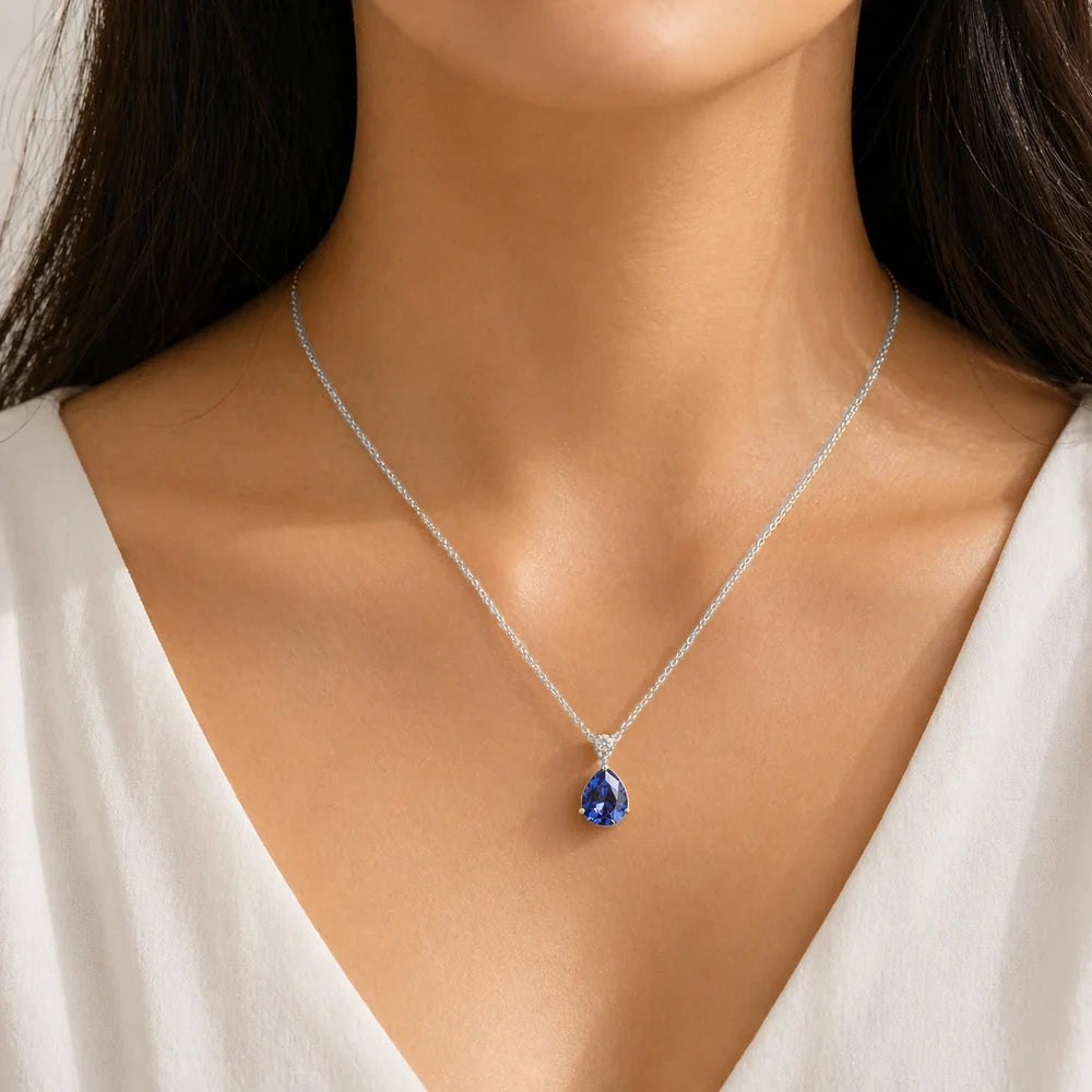 Pisa Royal Blue Sapphire & Diamond Pear Drop Pendant Necklace In White Gold - Medium