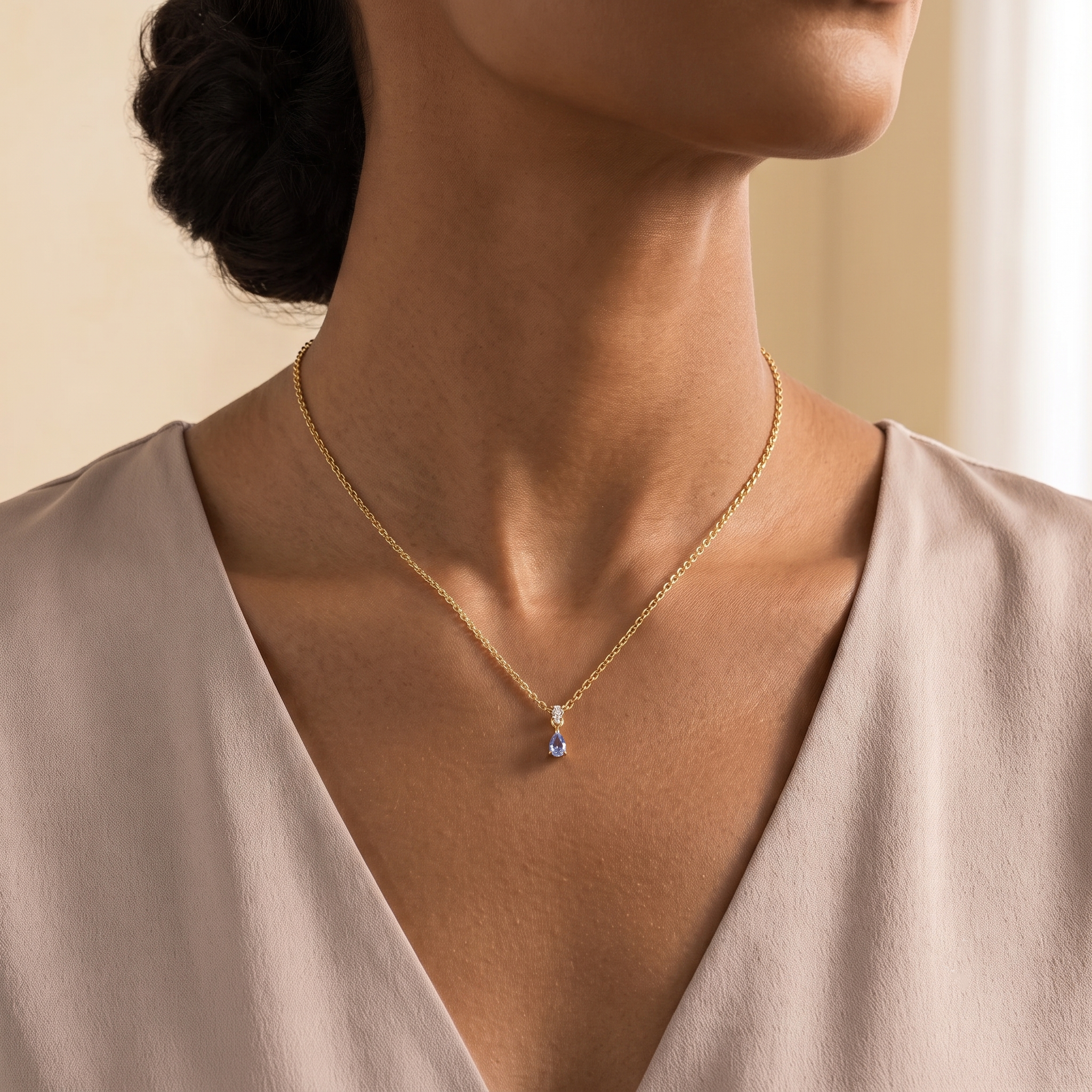 Pisa Pastel Blue Sapphire & Diamond Pear Drop Pendant Necklace In Gold - Small